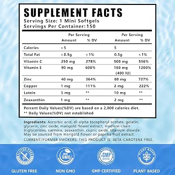 AREDS 2 Eye Vitamin & Mineral Supplement Lutein & Zeaxanthin with Vitamin C, E, Zinc & Copper for Blue Light Protection, Eye Health Support Beta-Carotene Free 150 Softgels