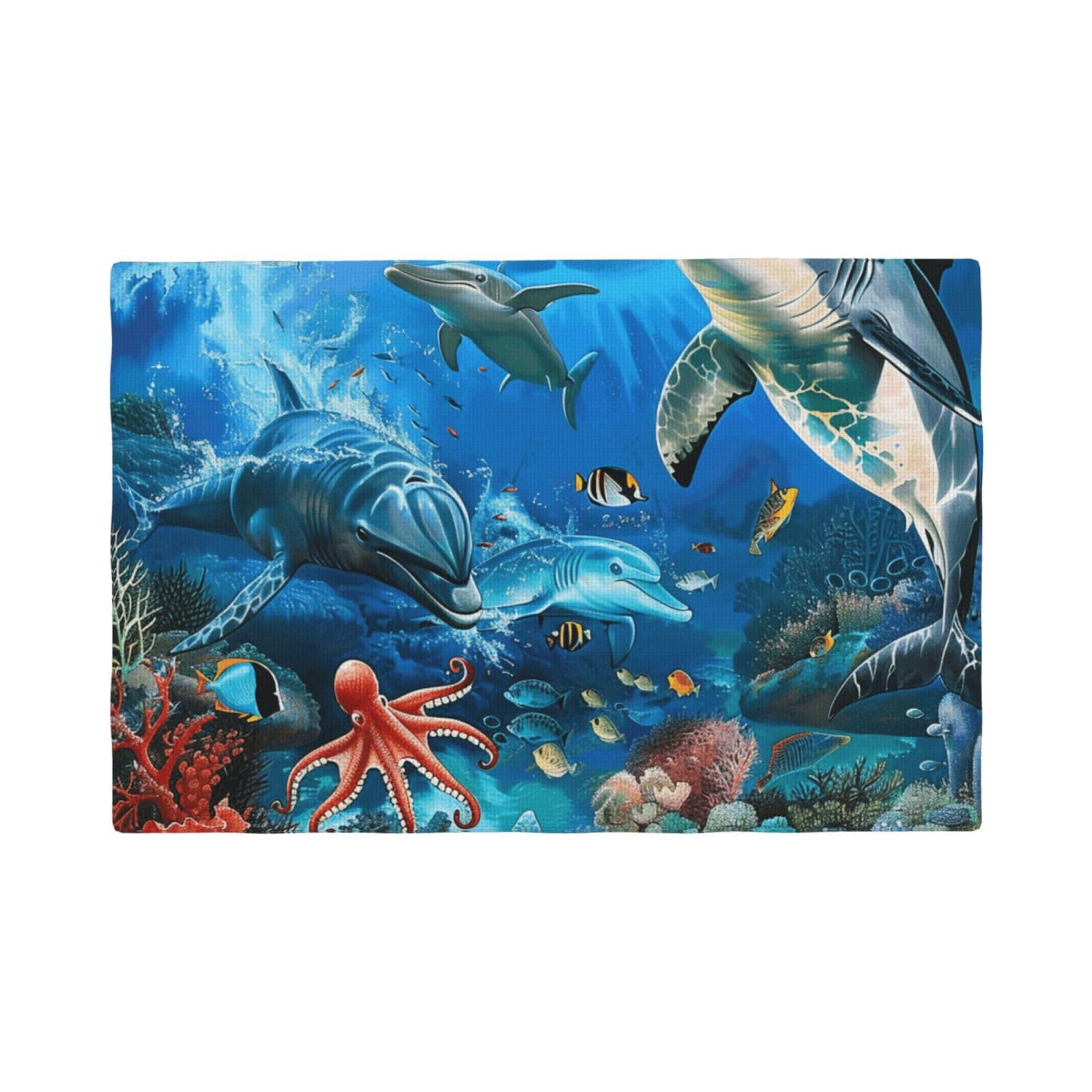 Dolphins Sea Turtle Coral Reef Print Placemats Set, Heat Resistant Washable Placemat 12x18in Table Mats for Party Kitchen Dining Table Decoration Indoor Outdoor, Six Piece