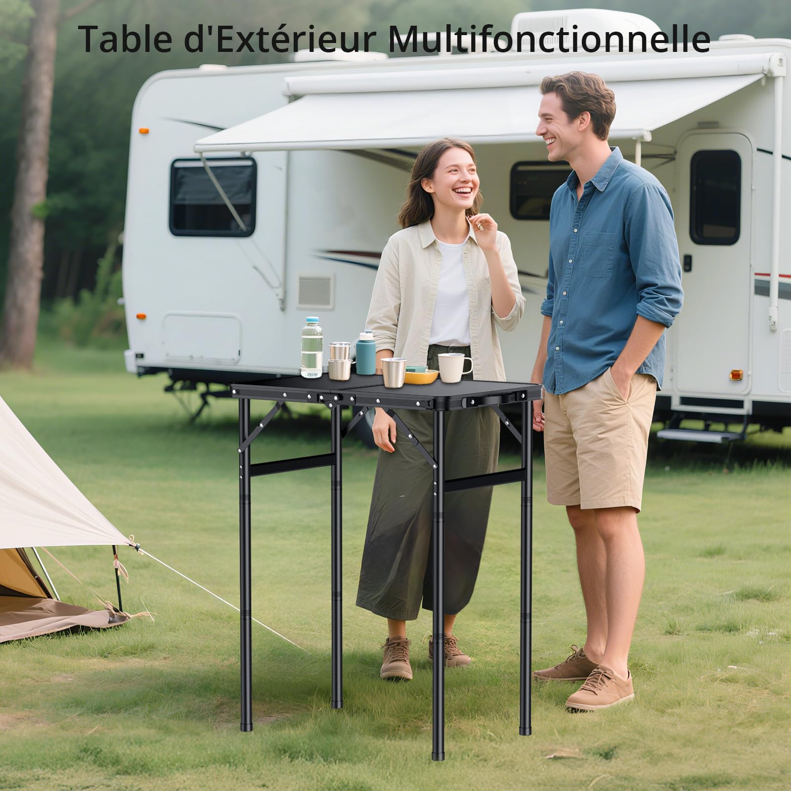 Anbte Table de Camping Pliante 60x40x27/51/74 cm en Aluminium, Noir | Table Pique-Nique avec Filet de Rangement, Légère et Portable avec Plateau en MDF pour Extérieur/Intérieur, Plage, Camping