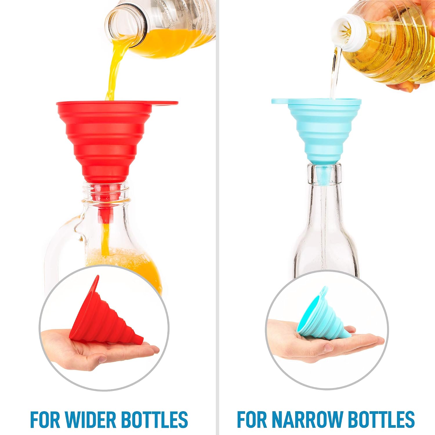 Zulay (Set of 2) Silicone Funnels - Space Saving Collapsible Funnel Set with Narrow Mouth - Flexible Foldable Kitchen Silicone Funnel for Transferring Liquids & Filling Bottles (1 Small & 1 Large)