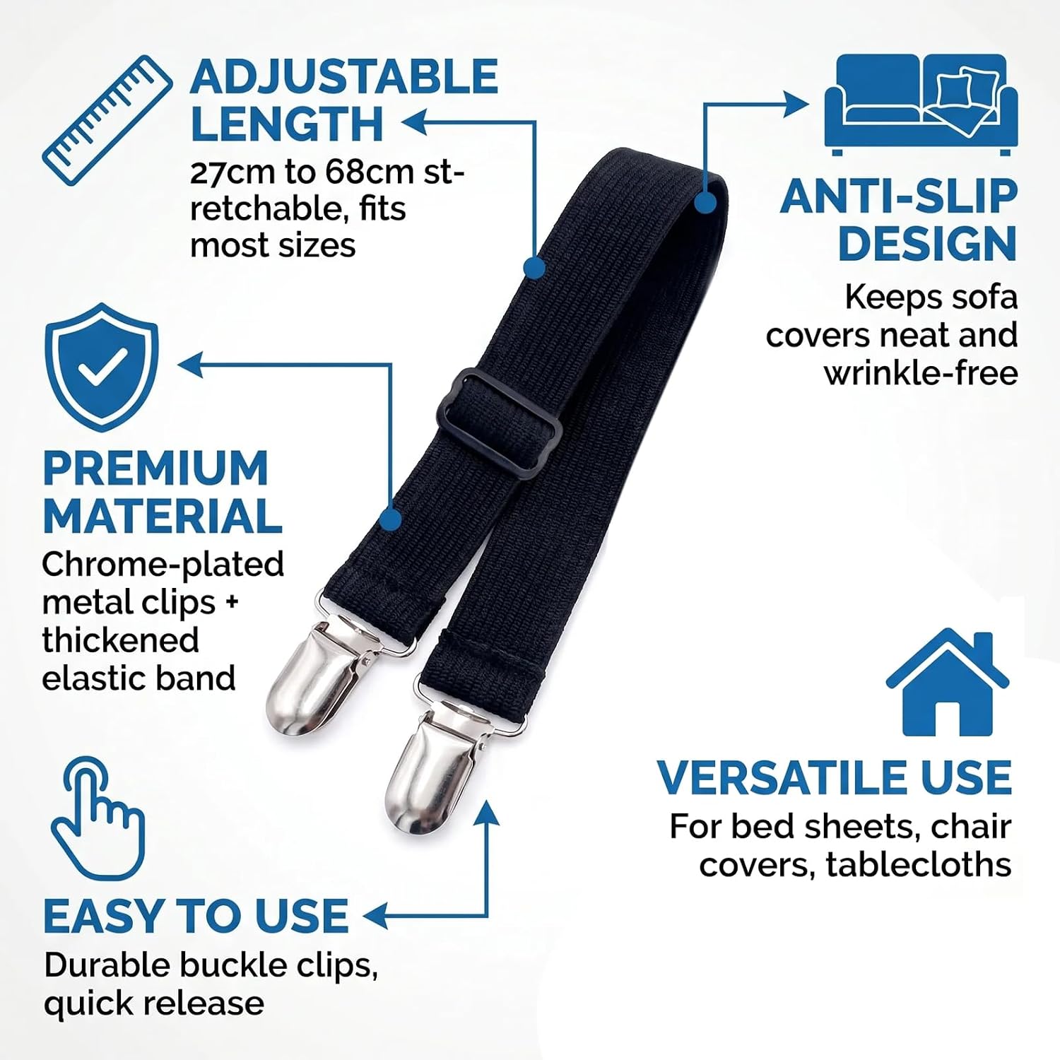 8Pcs Black Adjustable Elastic Sofa Cushion Straps, Slipcover Fastener Holder Clips, Flexible Gripper Suspenders for Couch Seat Covers and Bed Sheet Fixing