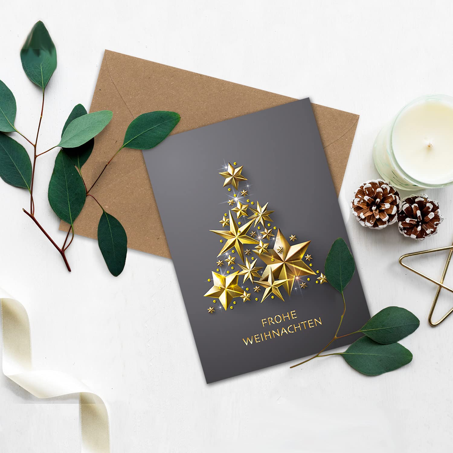 Set de 100 tarjetas de Navidad XL DIN A5 con árbol de Navidad dorado de estrellas – Tarjetas plegables con sobres a juego DIN C5 papel de estraza marrón arena con adhesivo húmedo – saludos de Navidad