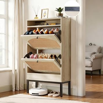 LUCKLIFE Shoe Cabinet with Charging Station, Flip Down Shoe Storage Organizer with Adjustable Shelves, Hidden Slim Shoe Rack with Anti-Tip Kit for Entryway or Hallway Oak Rattan