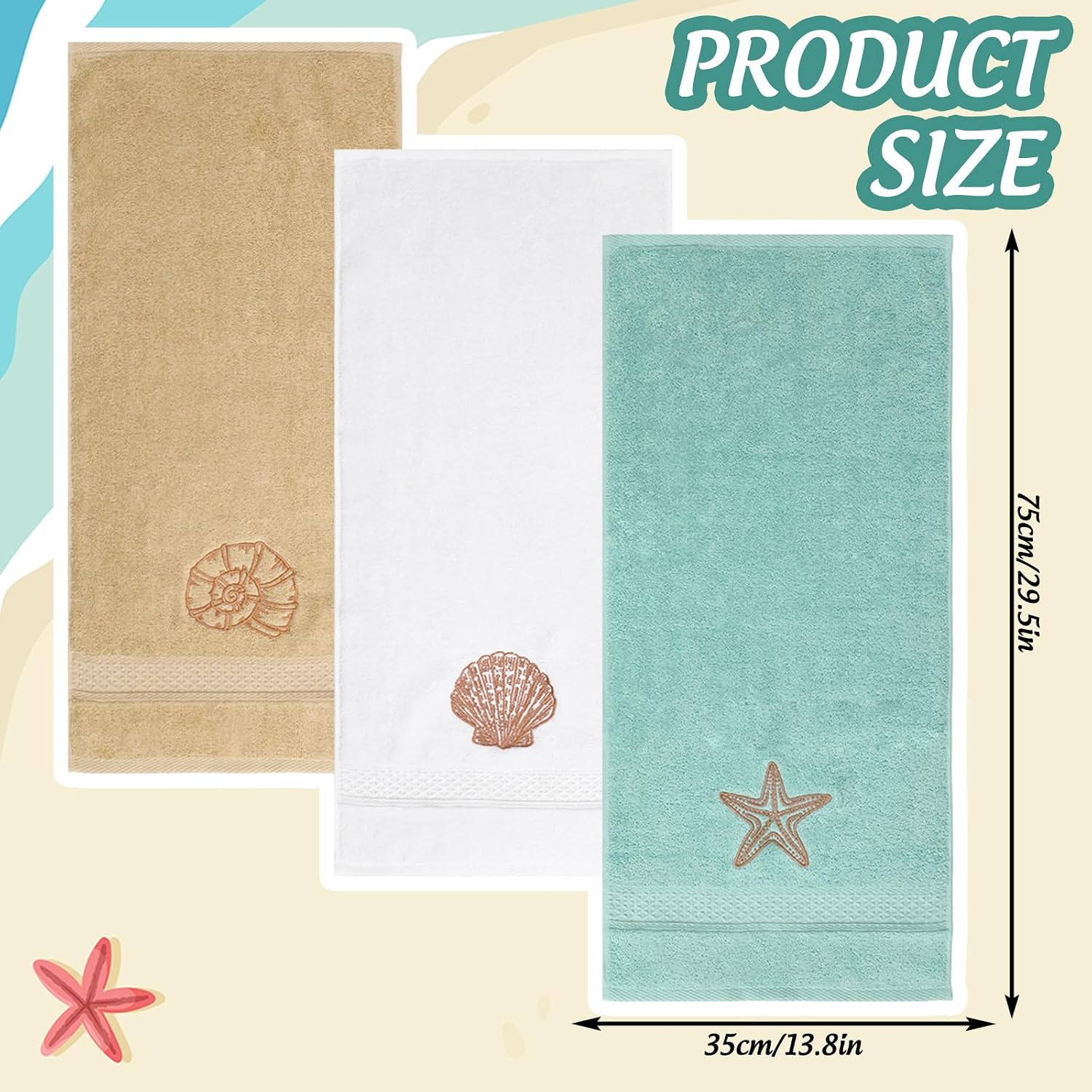 JarThenaAMCS 3Pcs Coastal Hand Towels Cotton Embroidered Bathroom Towel Ocean Beach Starfish Seashell Conch Decorative Dish Towel for Summer Holiday Home Bathroom Kitchen Decor