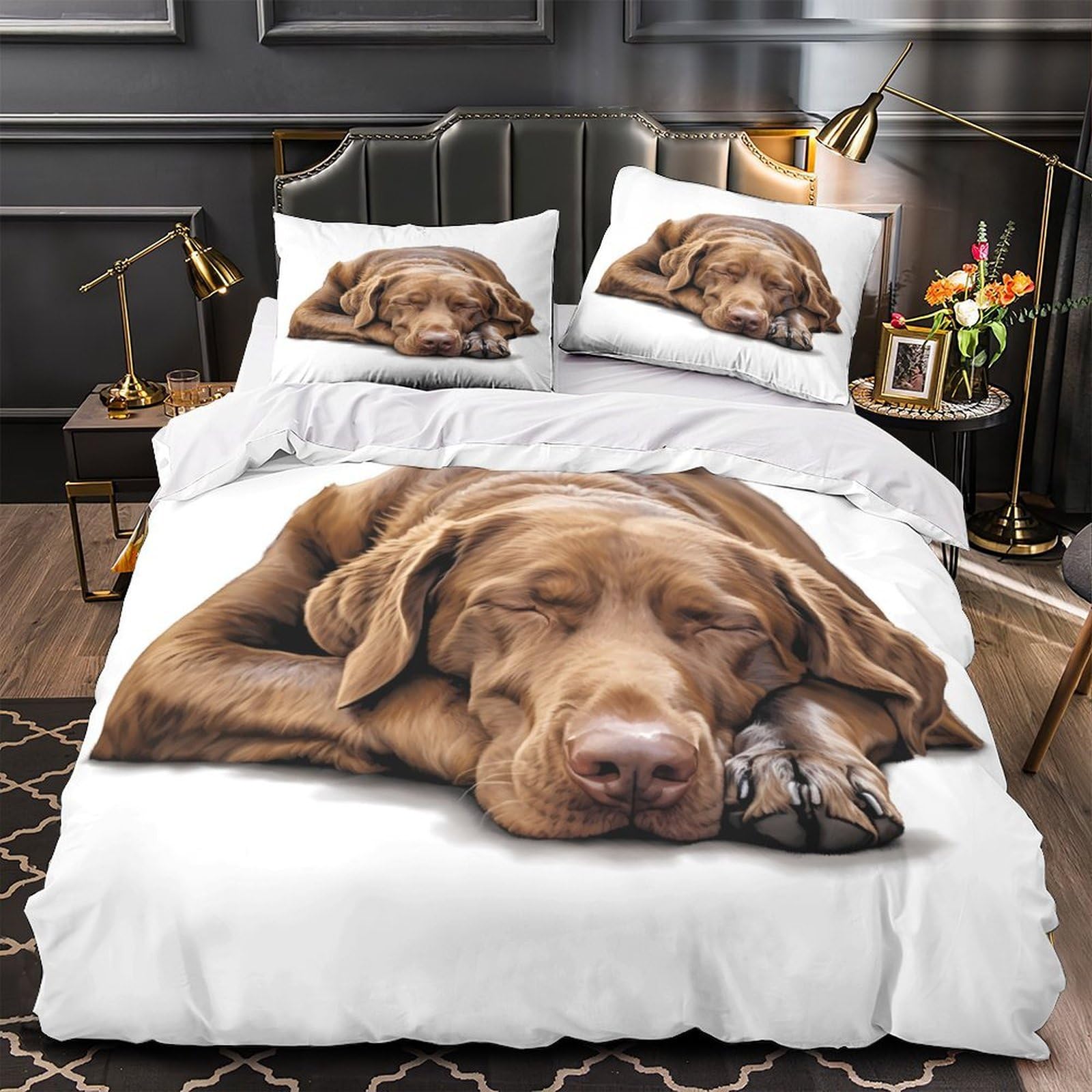 Housse de couette chien endormi 3D en microfibre 200x200 cm pour lit double