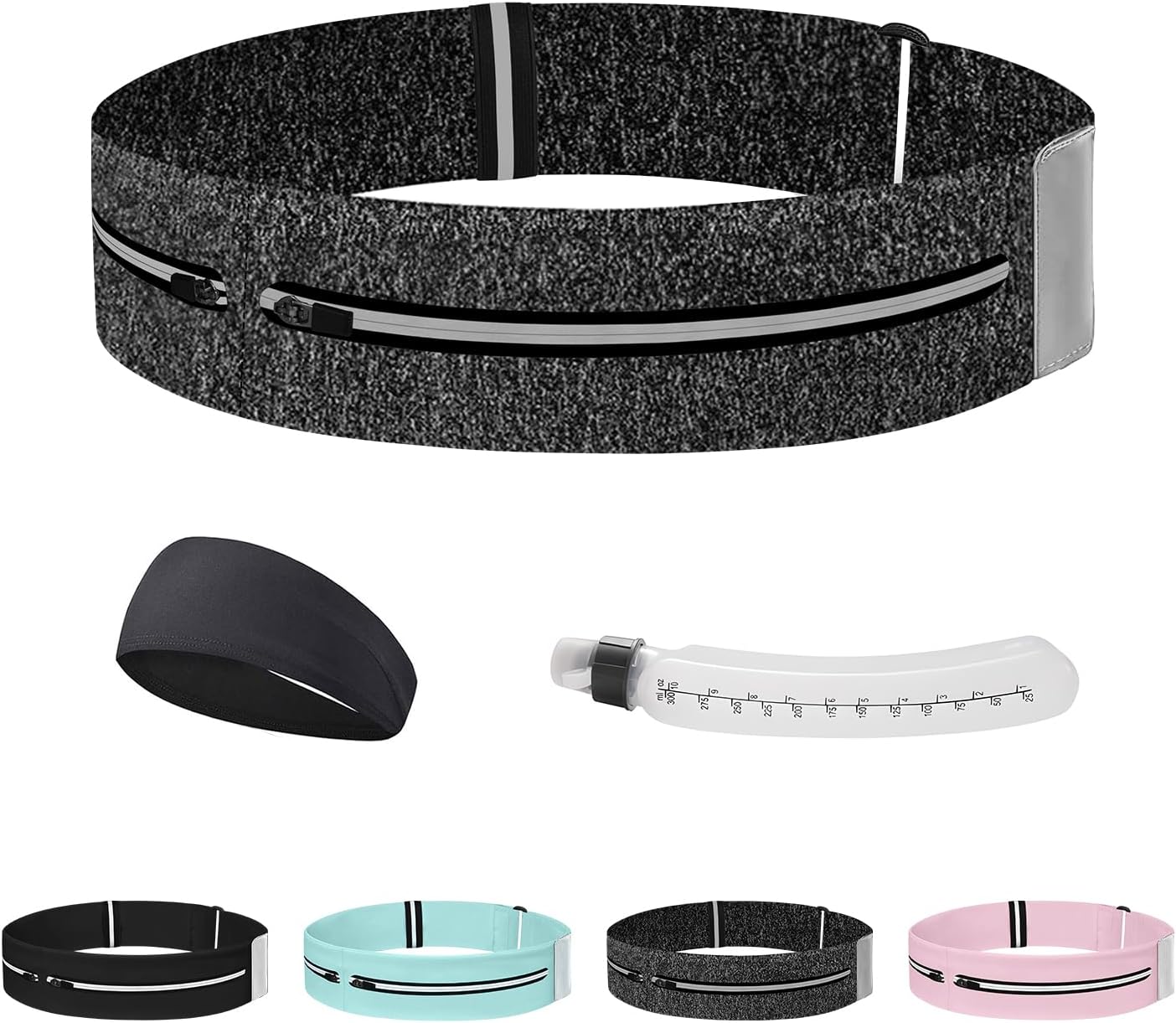 Running Belt for Women and Men, Adjustable Fanny Packs No Bounce Phone Holder for Running with Water Bottle & Headband, Waterproof Reflective Waist Packs for Runner Fits All Phones (M-Gray)