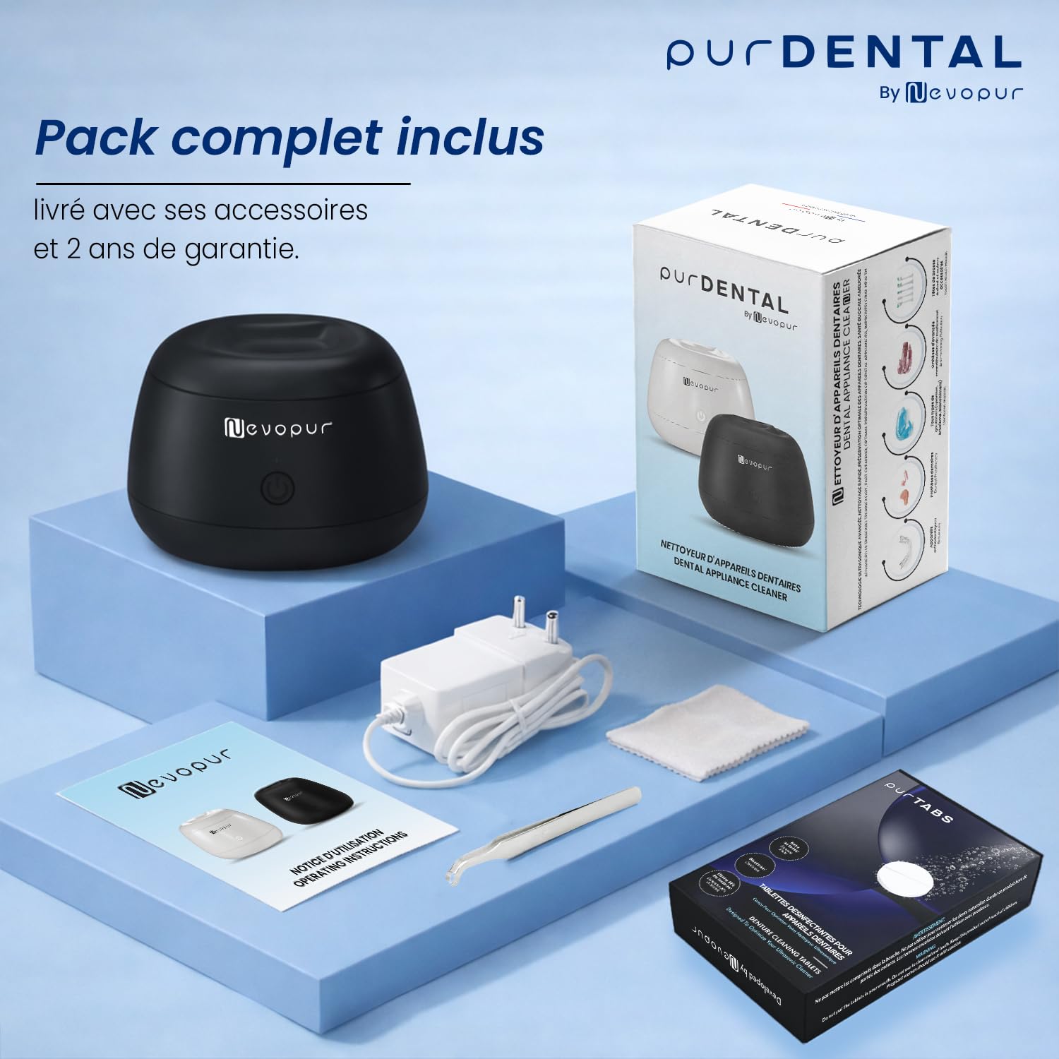 Nettoyeur Ultrason Appareil Dentaire purDENTAL 30 purTABS 48 kHz Désinfection UV Bac Inox 200 mL