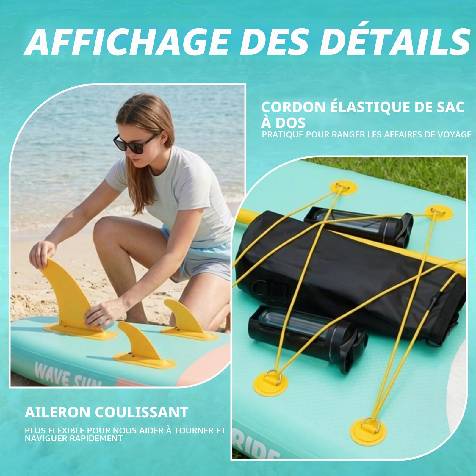 Paddle Gonflable Adulte 351×89 cm, Charge 200 kg Livrée avec Pompe, dérives, Sac à Dos, Accessoires et Pochette téléphone étanche, idéale pour pêche, Yoga et randonnée Aquatique