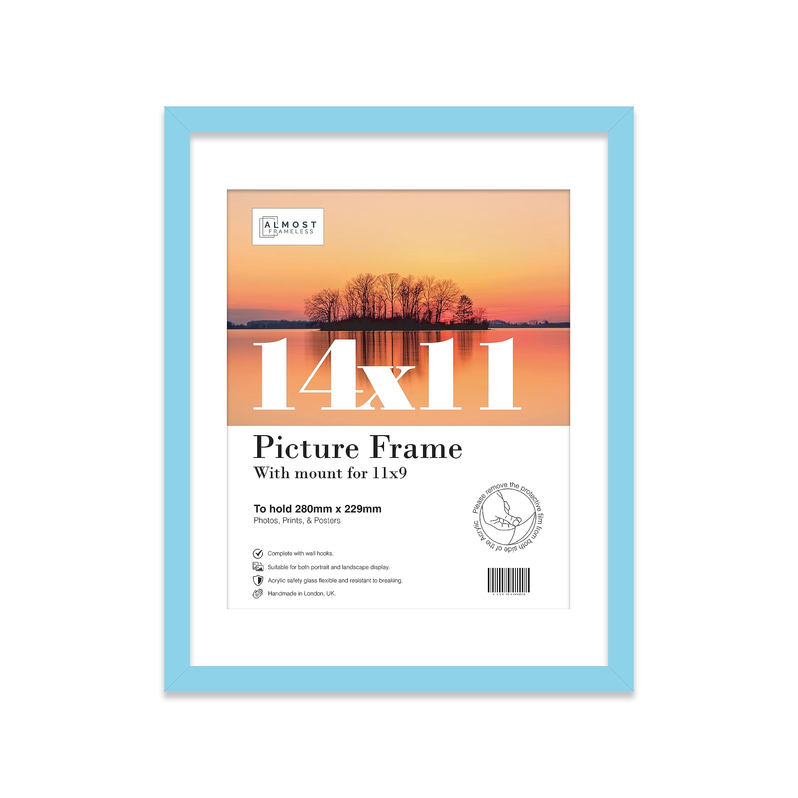 Almost Frameless 14x11 Light Blue Picture Frame With Mount for 11x9 Print, Poster or Photo Poster, Photo, Artwork, or Print. Thin Edge Slim Frame Portrait and Landscape Display with Wall Hooks