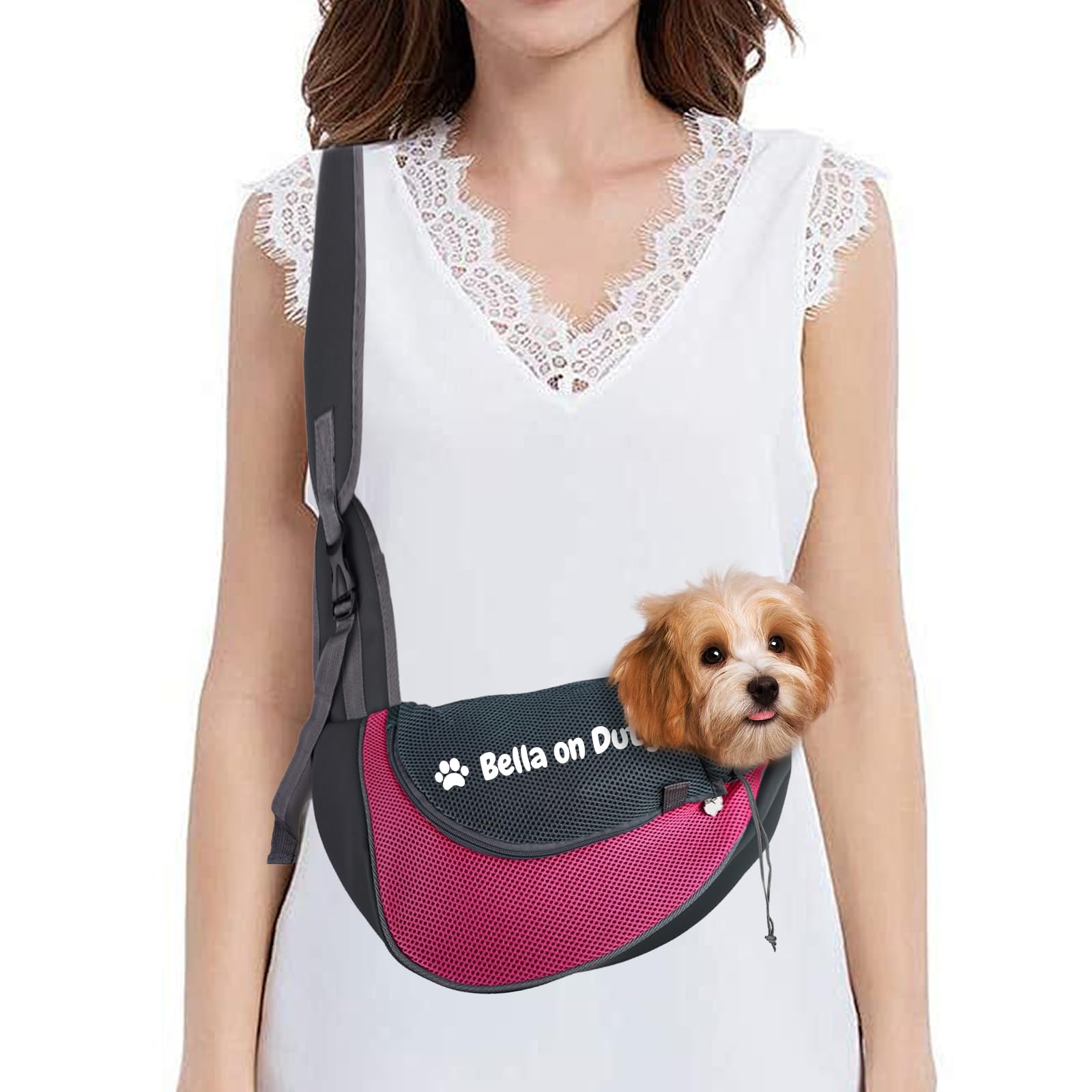 Personalized Dog Carrier Sling with Name Embroidery, Adjustable Pet Carry Bag with Safety Hook & Extra Wide Shoulder Strap, Custom Dog Carrier Pouch for Small Dogs/Cats (Rose, L)