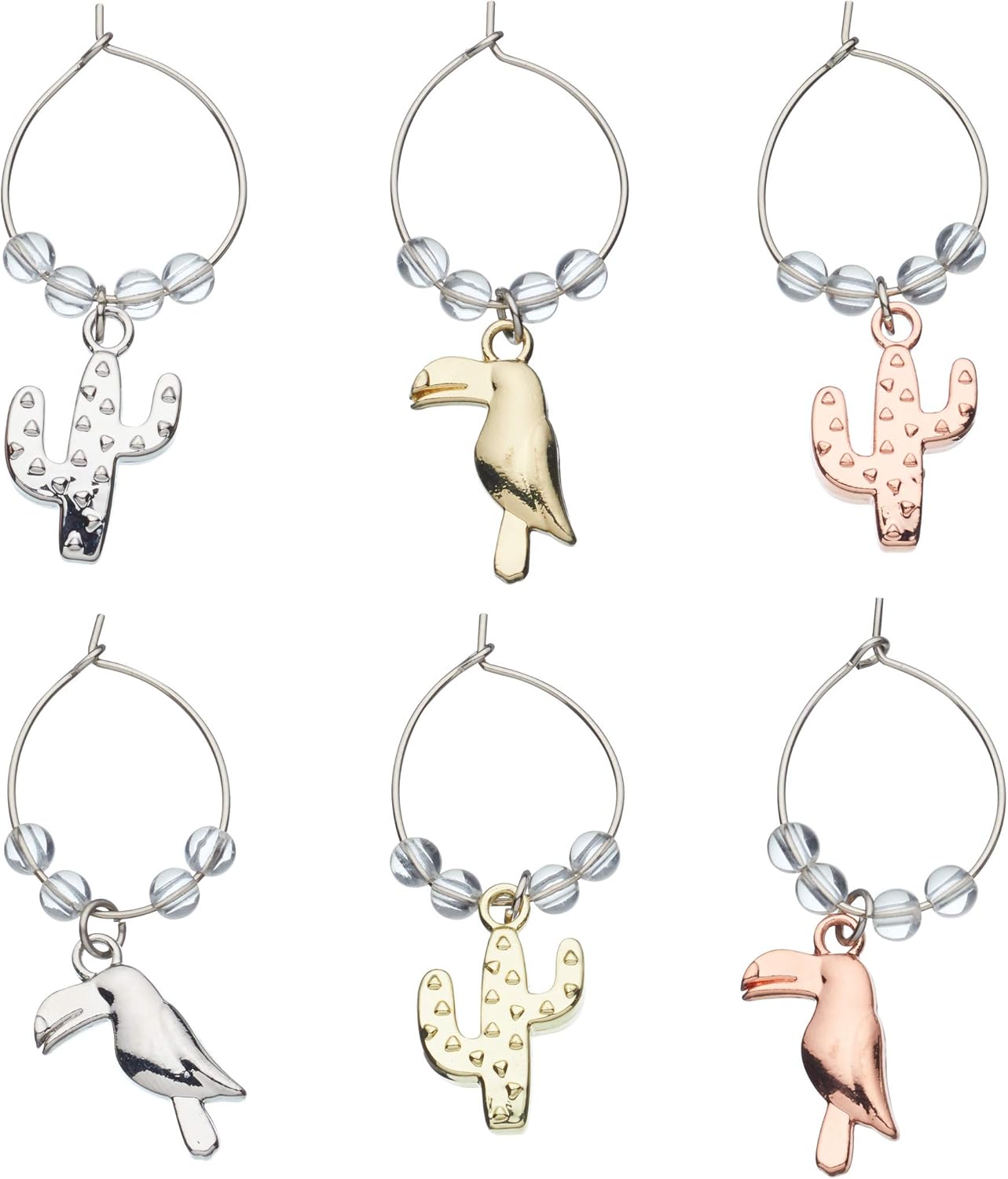 BarCraft BCWCPAPPLE Novelty Wine Glass Charms, Pineapple and Flamingo Design, In Gift Box, Zinc, Set of 6, Silver, Rose Gold, Gold