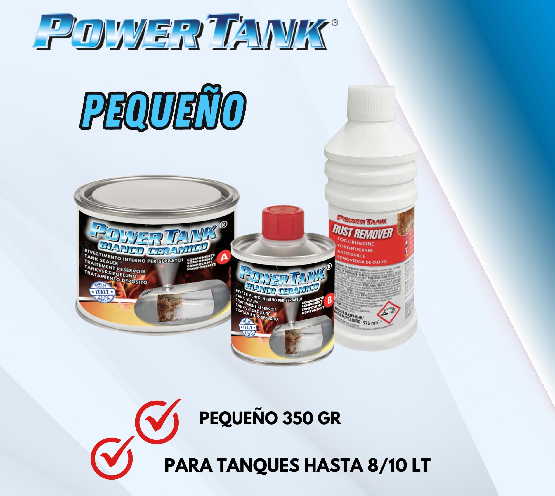 POWER TANK BLANCO CERAMICO - Tratamiento Tanque Deposito Moto (8/10 Litros) Kit Pequeño Small 350 g para Interior de Tanques Elimina Óxido Repara Protege Tanques Oxidados de Motos Vespa de Época