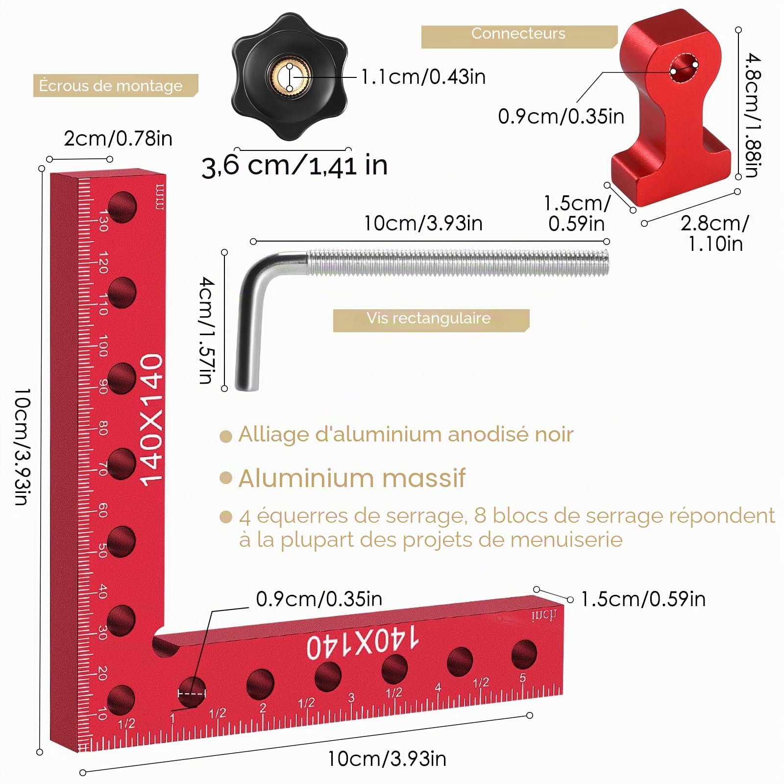 équerres De Positionnement à 90°, Lot De 4 équerre De Positionnement à 90° 140 Mm (5,5 Pouces) En Aluminium Outils De Menuiserie équerre Charpentier Pour Le Travail Du Bois Et Le Bricolage Rouge