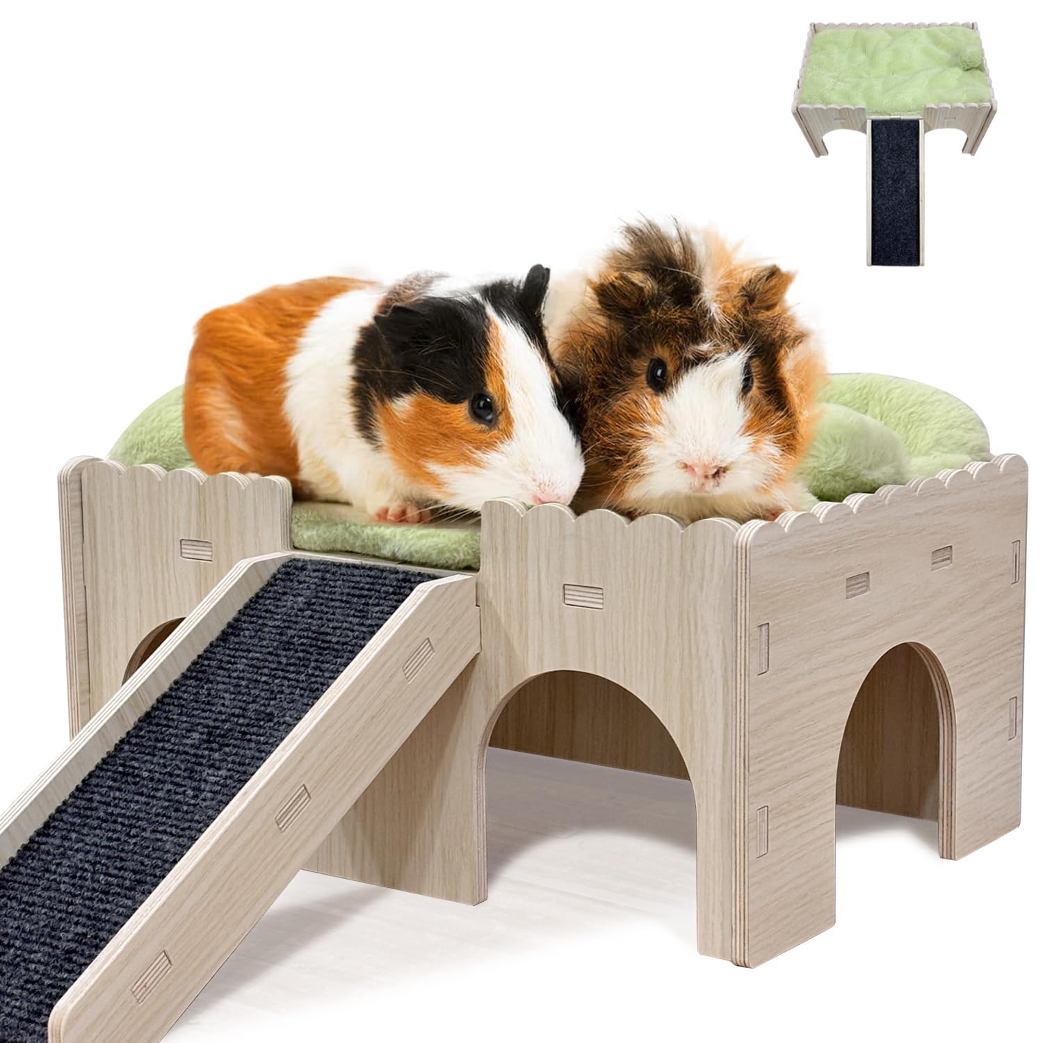 Meerschweinchenversteck aus Holz mit Rampe, 4 Eingänge, mit weichem Pad, 9 mm Holz, für Meerschweinchenhaus, Hasenversteck