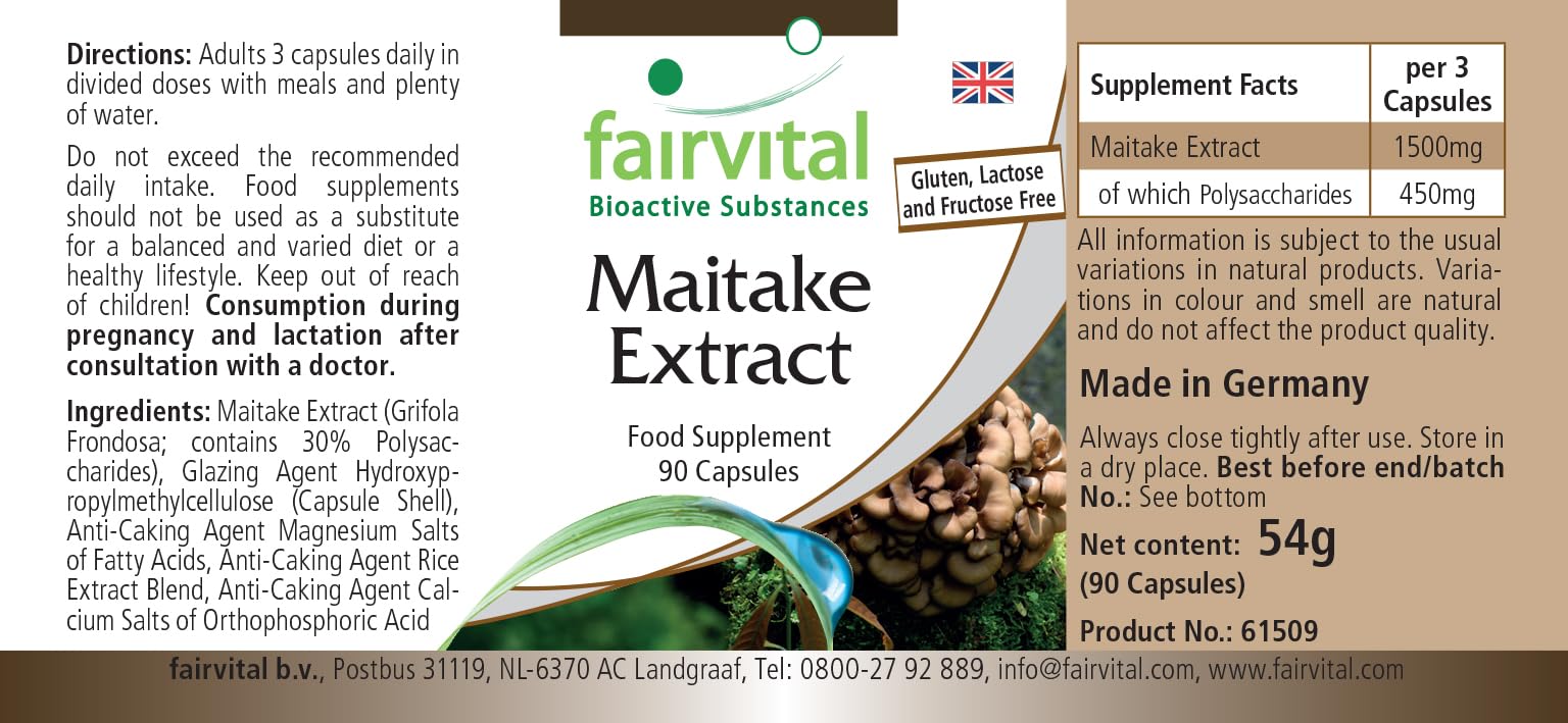 fairvital Estratto di Maitake 500 mg, 90 capsule, facili da deglutire, ALTO DOSAGGIO, Grifola frondosa, 30% di polisaccaridi, VEGANO