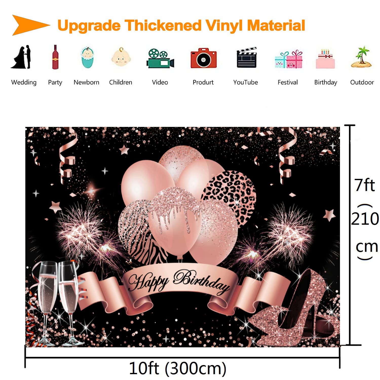 InMemory Rose Gold Geburtstag Hintergrund für Frauen Mädchen Happy Birthday Fotografie Hintergrund Glitzer Luftballons Champagner Heels Schwarz Gold Pailletten Dekoration für Prinzessin Bday Party