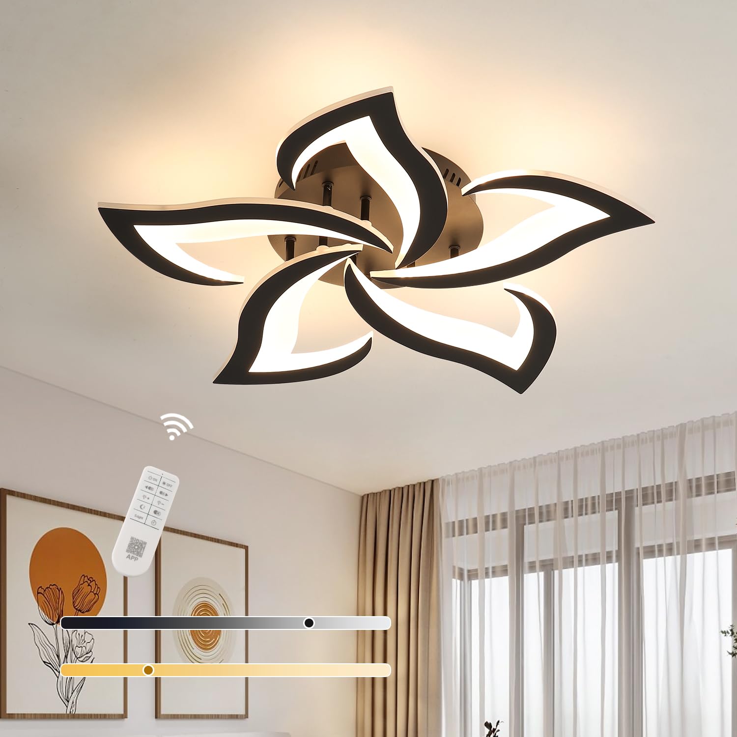 Dorlink Black LED Ceiling Light with Remote Control,Modern Dovetail Design Dimmable 40W 2160LM,3000K-6500K Acrylic Semi Flush Mount Ceiling Lights for Living Room Bedroom Dining Room
