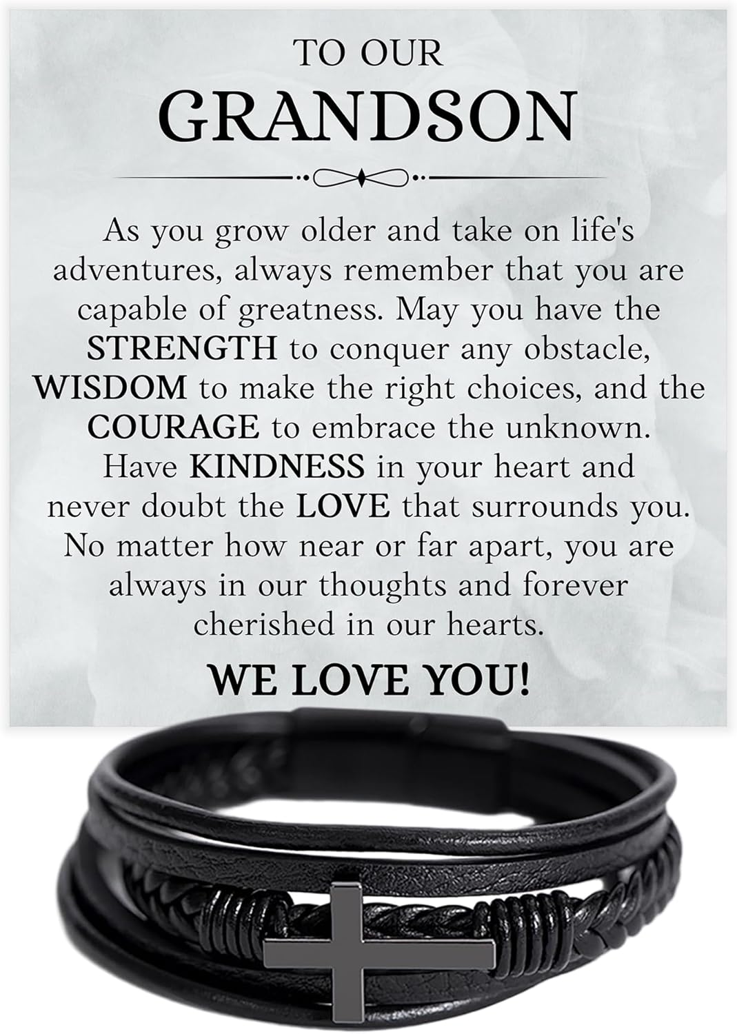 VIRAGIL Inspirational Leather Bracelet for Grandson, Adjustable Multi-Layer Braided Wristband, Christmas Birthday Valentine Gift from Grandma or Grandpa, Encouraging Keepsake for Teen Boys