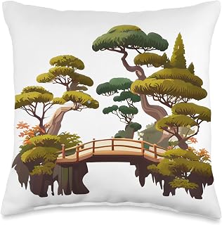 Japanese Wooden bridge in garden with bonsai trees Throw Pillow