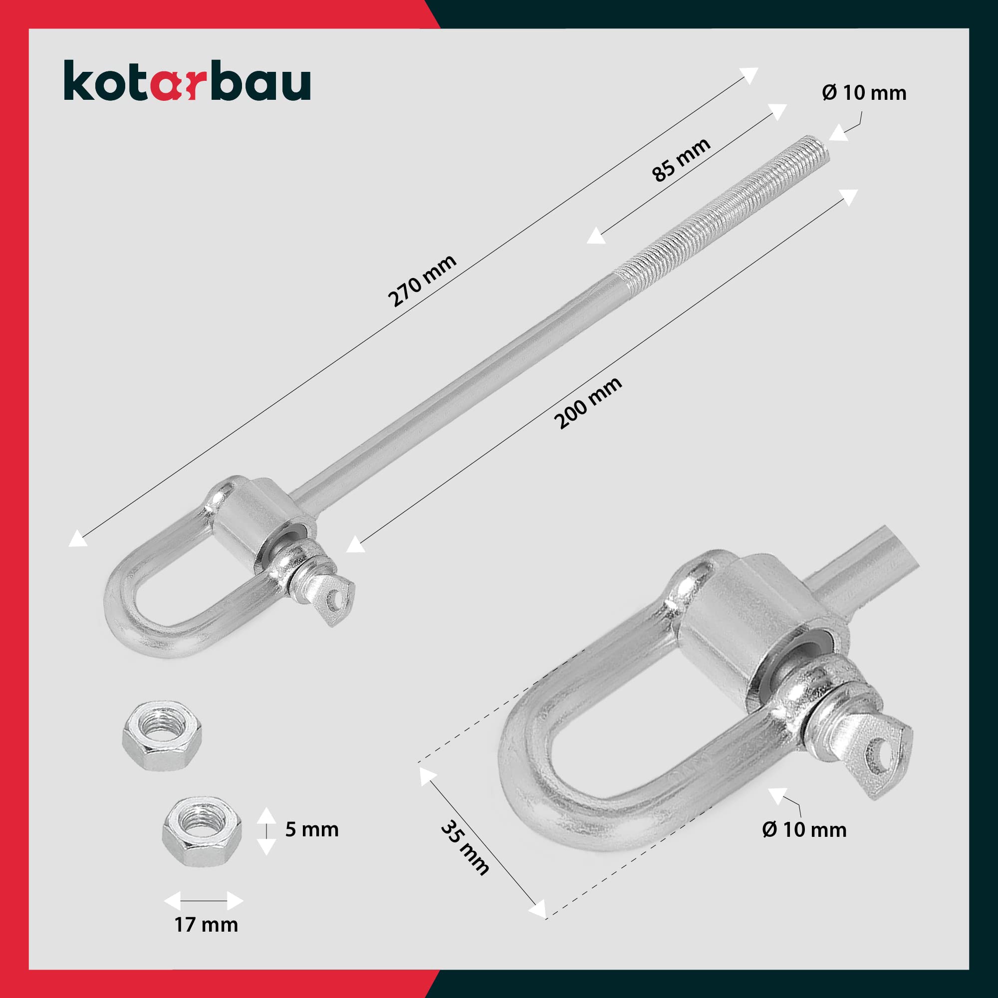 KOTARBAU® 2 pz Ganci Altalena - Acciaio Zincato - M10 x 200 mm - Argento - Gancio per Altalena Resistente - Gancio per Travi in Legno - per Amaca - Sedia - Sospesa