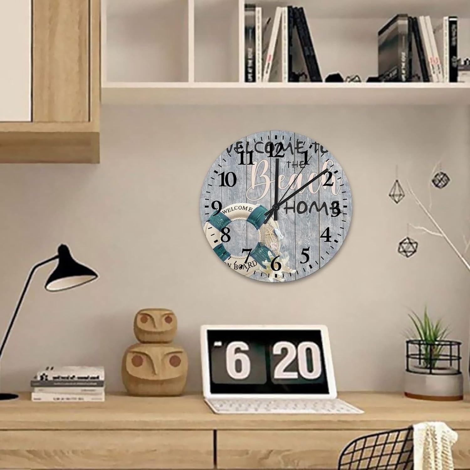 12 Inch Welcome to The Beach Home Clock Wood Battery Operated Silent Non-Ticking Ocean Theme Beach Bathroom Decor Silent Wall Clock Arabic Numbers Round Clock for Kitchen Dining Room