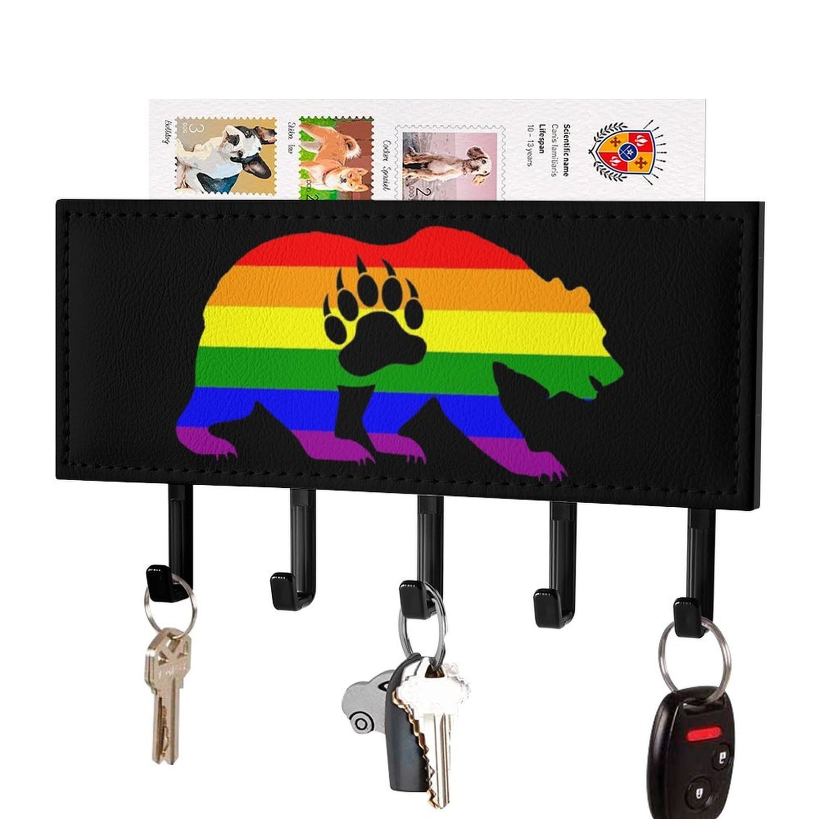NCLQVJXZKHW Gay Bear Prides LGBT Flag Bear Paw Key Holder with 5 Hooks Key Hooks Wall Mounted Key Racks Key Hanger Organiser Shelf