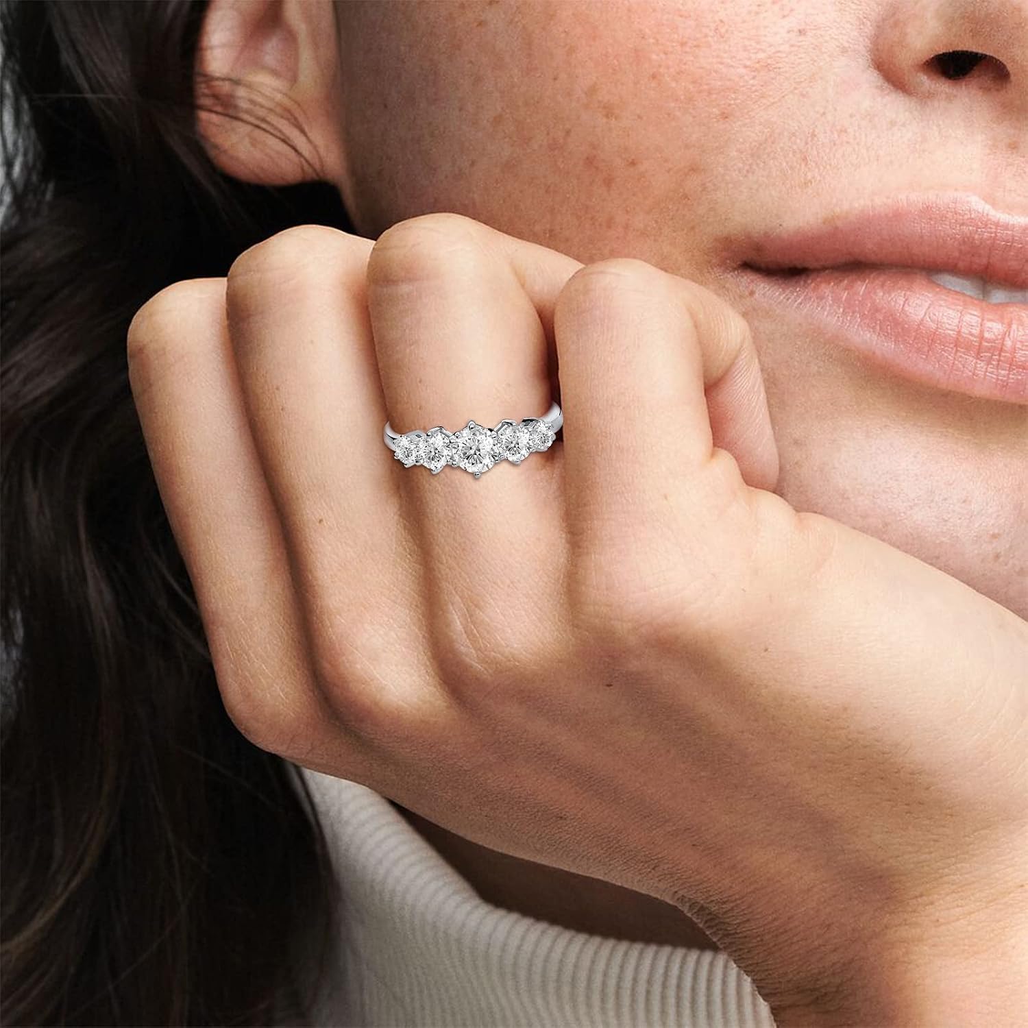5-stone Round Moissanite Wedding Engagement Ring 925 Sterling Silver 10K 14K 18K Solid Gold Moissanite Eternity Band with Engraving