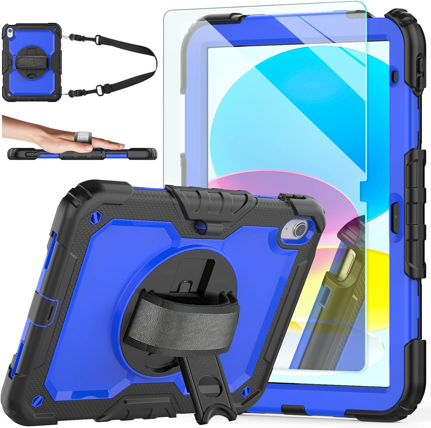 Ambison Case for iPad (A16) 11th/10th Generation 11''/10.9'' 2025/2022, [Kid Proof] Full Body Protective Case with 9H Tempered Glass Screen Protector, 360° Rotatable Kickstand & Hand Strap (Teal)