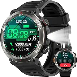 Smartwatch Militar Redondo 1.45' - Bateria 960mAh (30 Dias), Lanterna, Bússola, 120 Modos Esportivos, IP68, Chamadas Bluetooth - Android/iOS