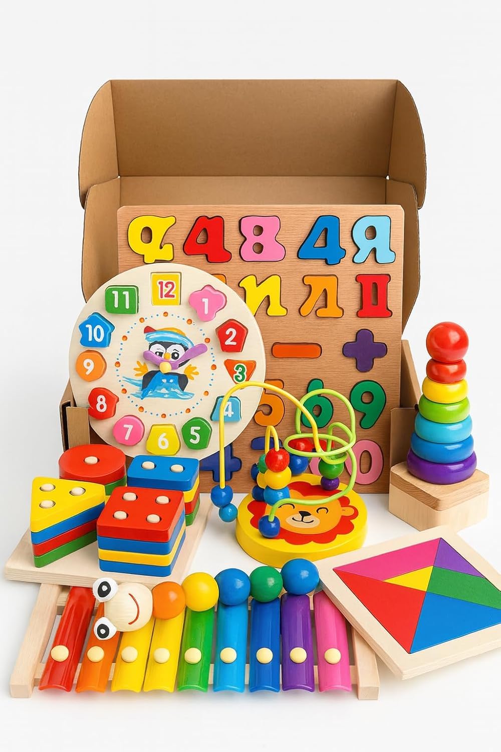 8-in-1 Wooden Montessori Toy for Children, Educational Learning Toy with Numbers, Shapes, Counting & Stacking