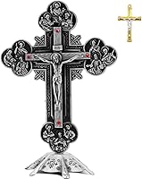 Vista 7 de Cruz de mesa de altar de Jesús, decoración de pared de crucifijo religioso con soporte, adorno cristiano de metal montado en la pared para oración