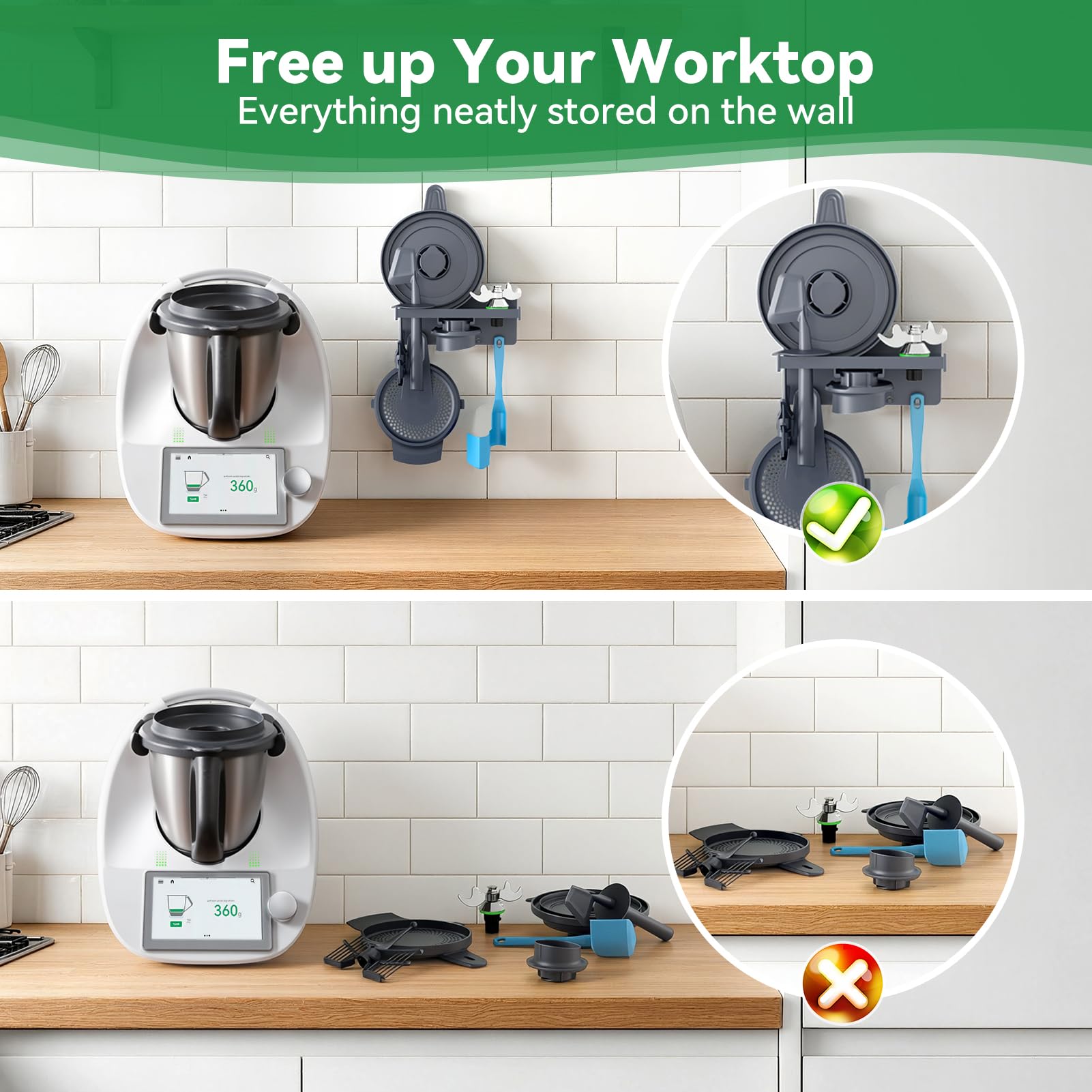 Inwee pbergrek aan de muur voor Thermomix TM6/TM5/TM31 – wandgemonteerde multifunctionele houder voor mengmes, spatel, roerhulpstuk, borstel en deksel – TM6-accessoires, 8 Accessoires (Boorba