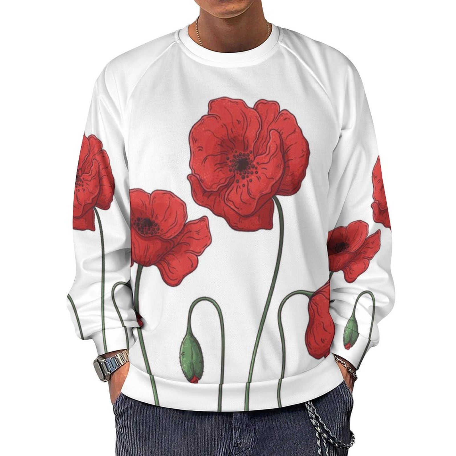 Qjjinxior Men's Poppy Flowers Long-Sleeve Crewneck Sweatshirt, Lightweight Casual Jumpers For