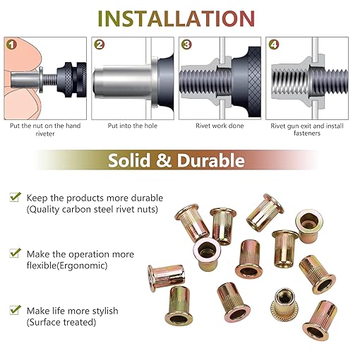 Miniatura 3 de 100 tuercas de remache M6, tuercas de inserción roscadas de cabeza plana M6 con cuerpo moleteado, Tuercas de inserción de acero al carbono chapado