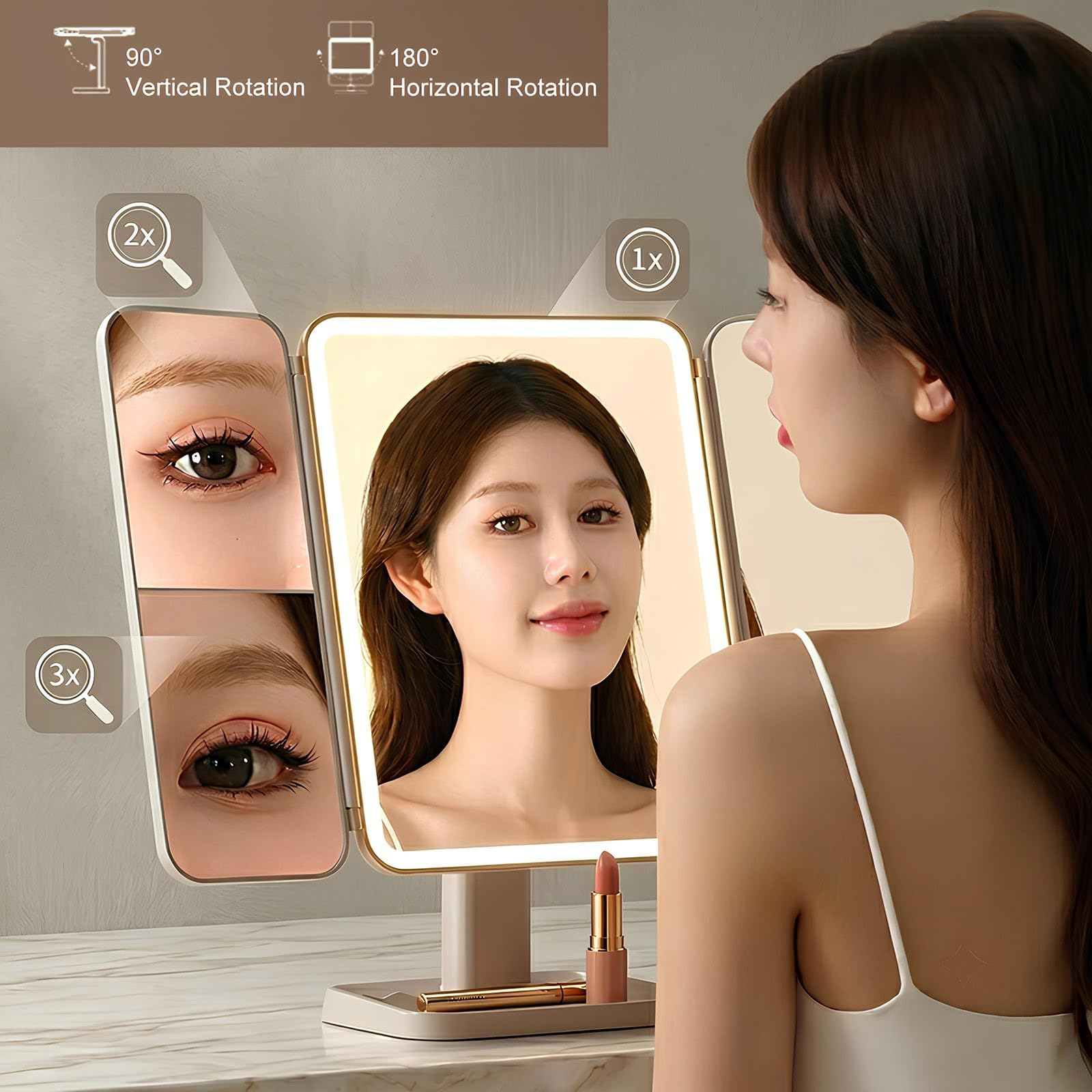 Espejo de Maquillaje LED Plegable, Espejo Cosmético Recargable con Aumento 1X/2X/3X, 3 Modos de Iluminación, Brillo Regulable, Control Táctil(Blush)