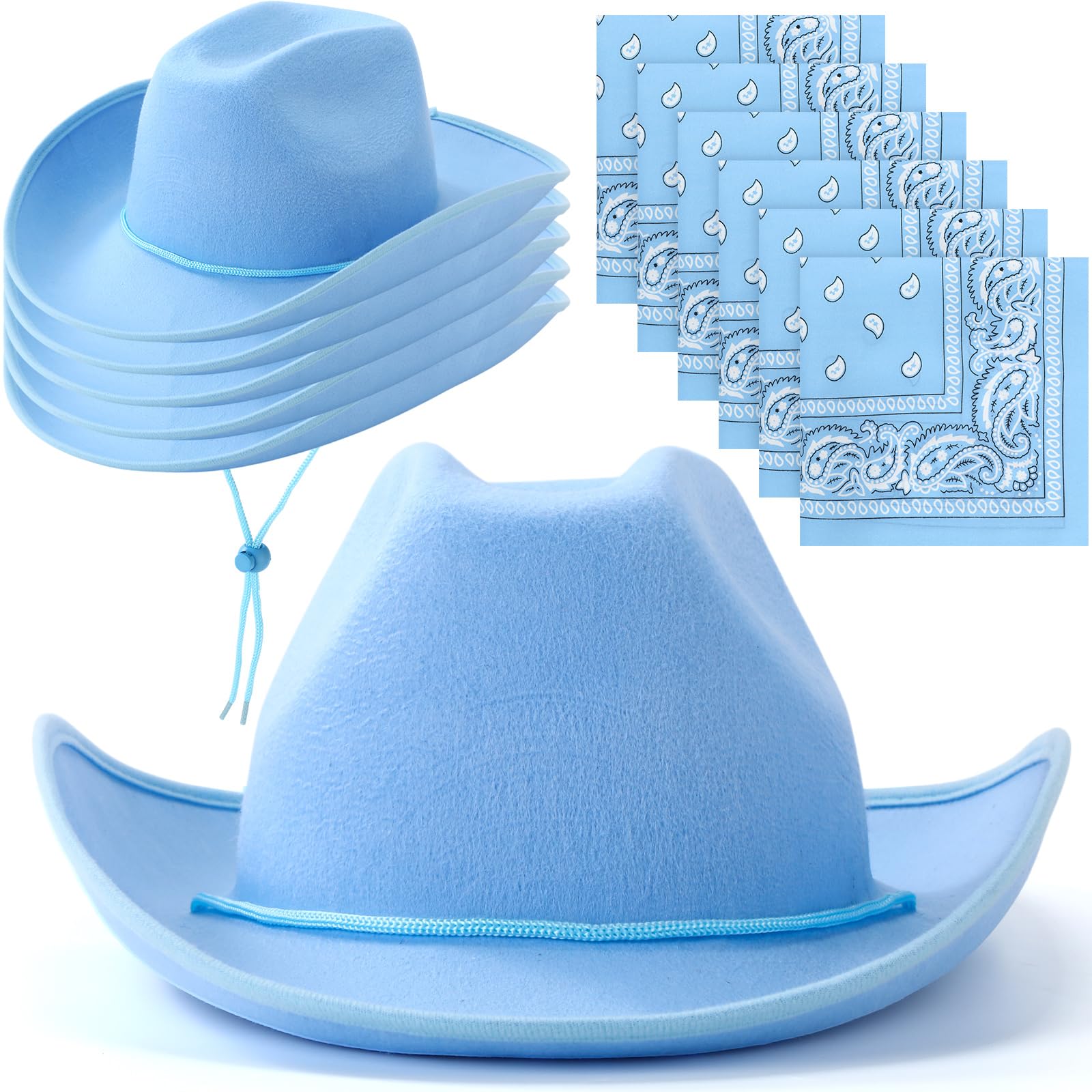 6 Sets Adult Cowboy Hat for Women and Men Western Cowgirl Hats with Adjustable Drawstring and Cowboy Party Paisley Bandana, Sky Blue, One size โ image 1