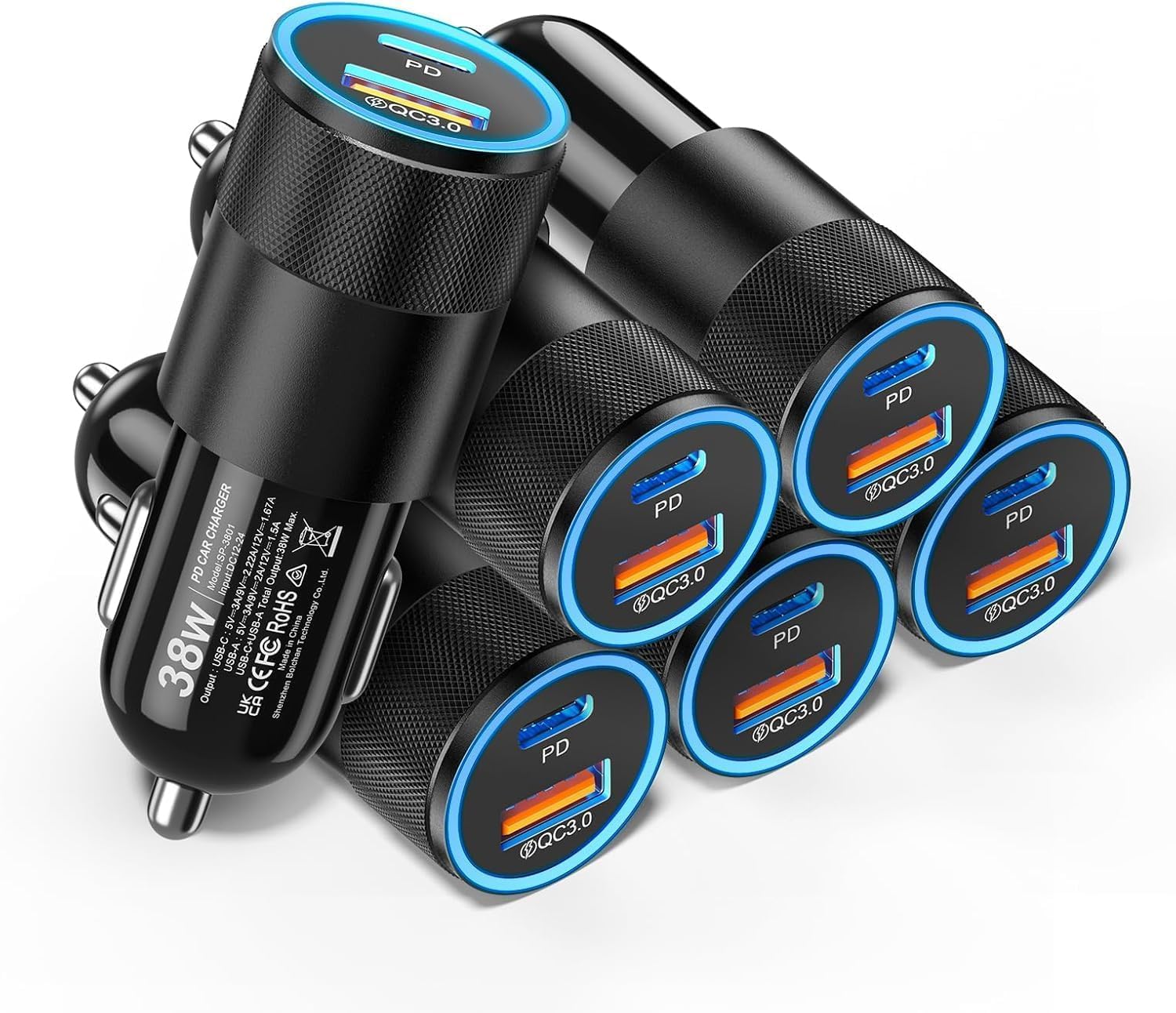 Paquete de 6 cargadores de coche USB C, 38 W dual USB-C + USB-A, adaptador de cargador de coche de carga rápida PD/QC 3.0, adaptador de encendedor de cigarrillos, enchufe USB para iPhone 17/16/15/14
