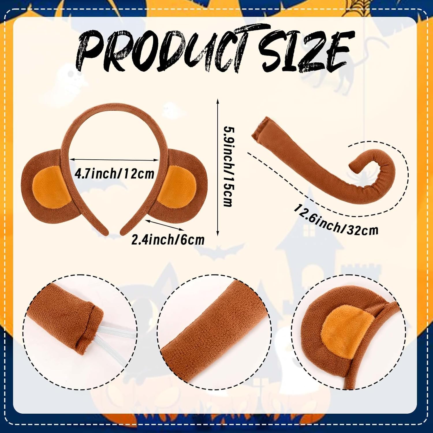 4 Pcs Halloween Couple Monkey and Yellow Costume Set Include Yellow Hat Black Polka Dots Tie Monkey Ears Headband Tails for Cosplay Unisex Dress up - Image 5