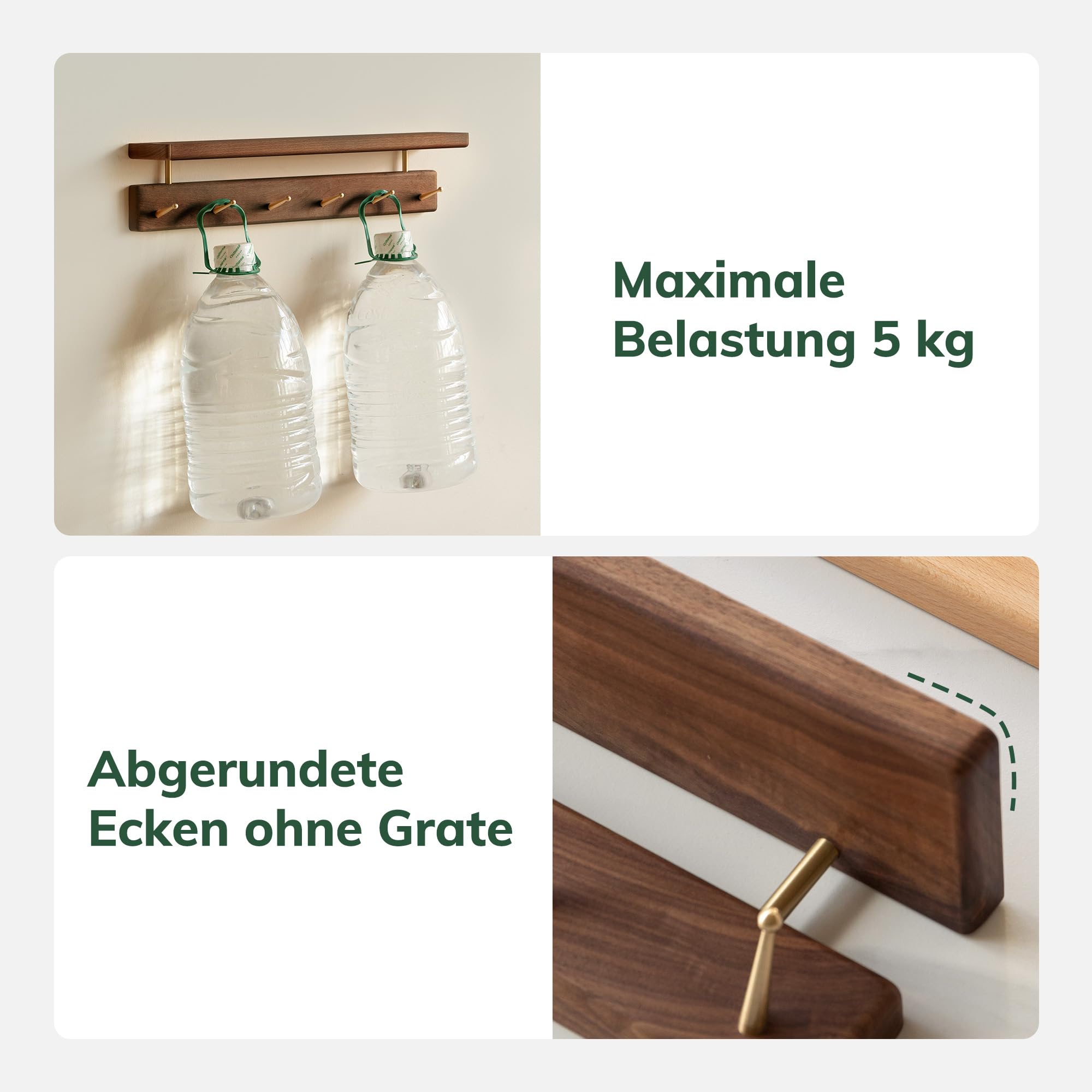 YESWOOD Wandgarderobe aus massivem Nussbaum, 2-in-1 Wandregal & Garderobe, Garderobenleiste für Kleidung, Hüte und Handtücher, 5 Messinghaken, Walnuss