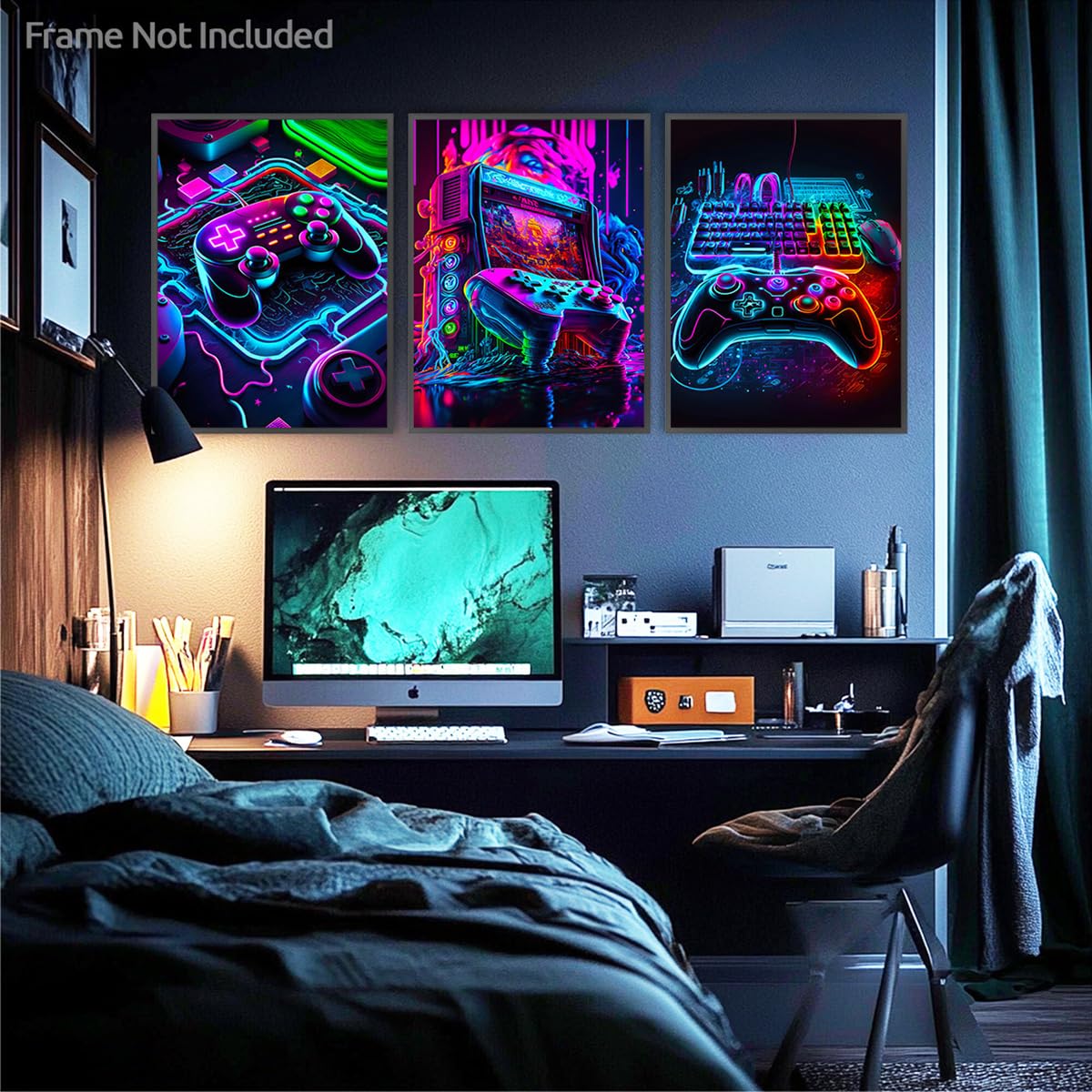 Ensemble De 3 Posters Néon Gaming Manettes De Jeu - Décoration Chambre Ado Ou Salle De Jeux Vidéo 30x40 Cm