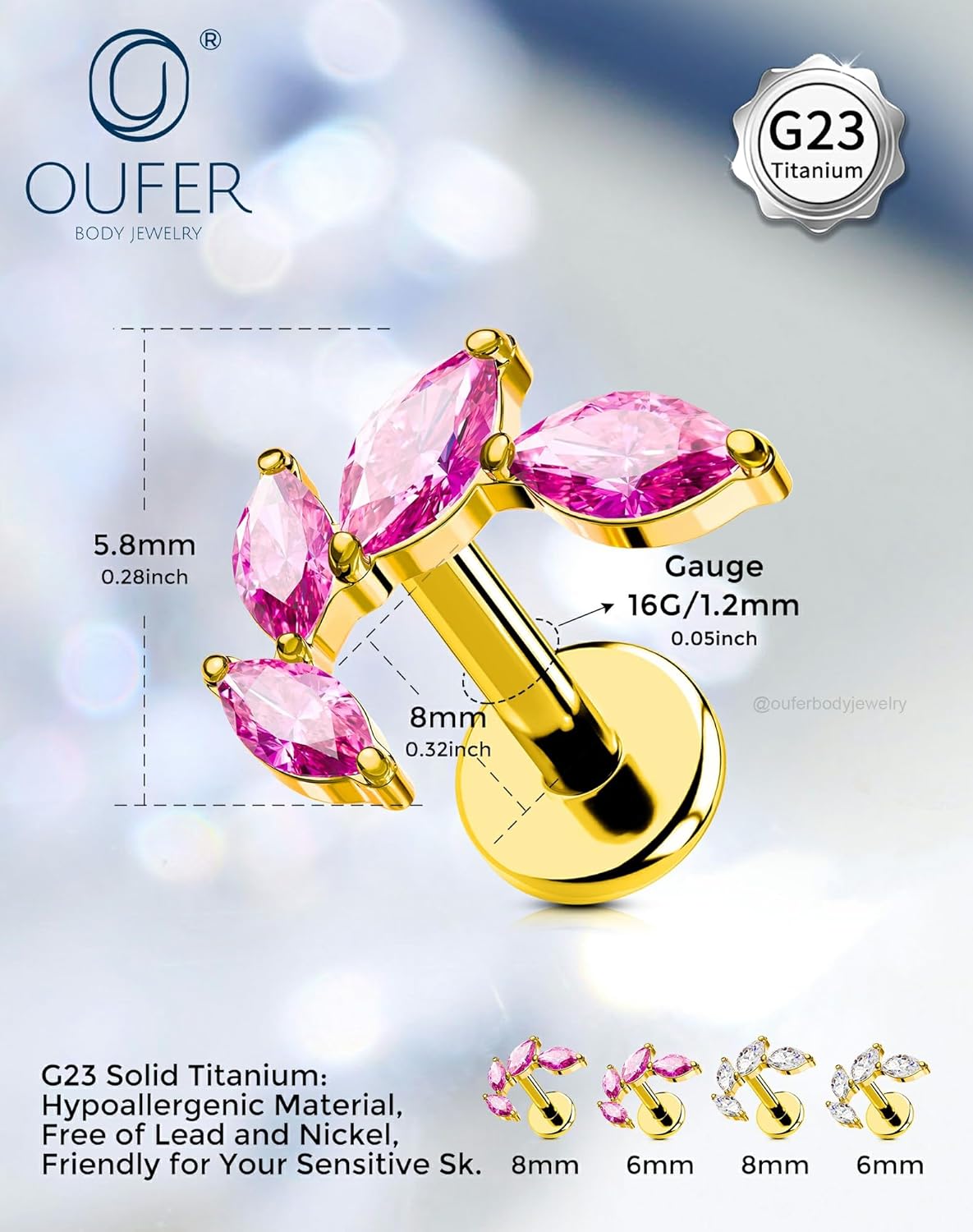 Titanium Helix Piercing Jewelry 16G Leaf Helix Earrings for Women Internally Thread Conch Helix Stud Flat Back Cartilage Earrings Surgical Steel Gold Cartilage Piercing Jewelry - Image 4