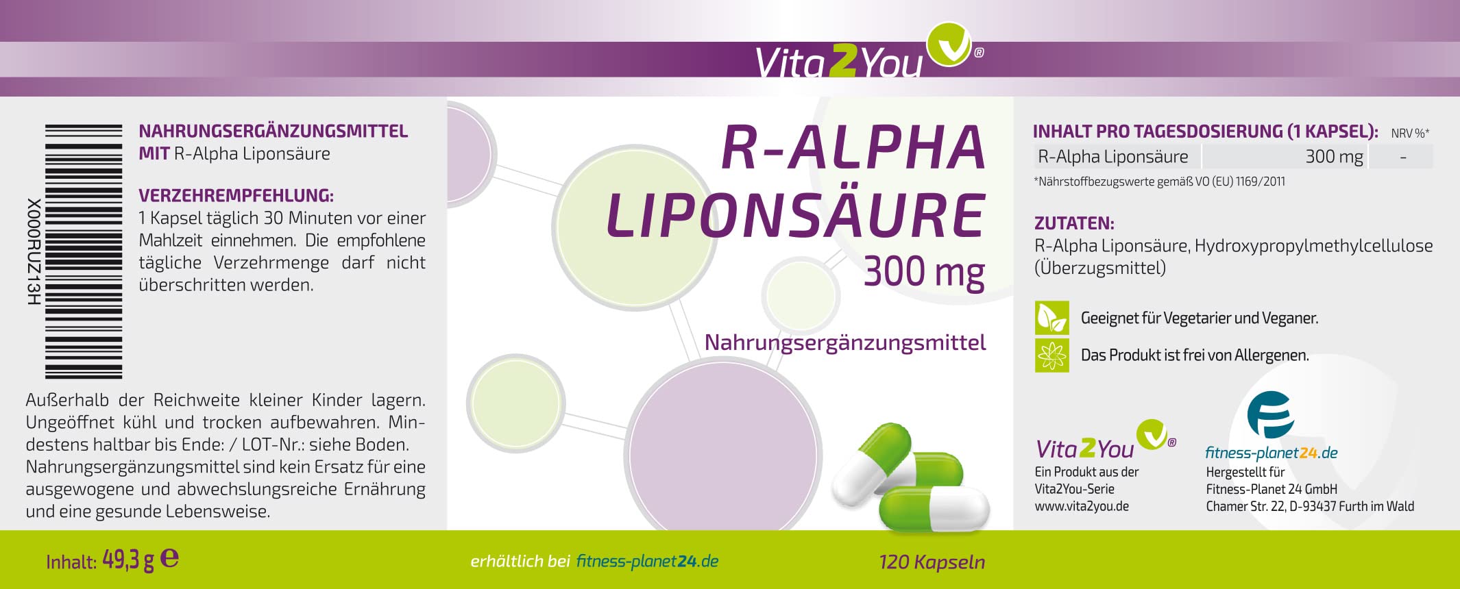 Vita2You R - Alpha Liponsäure 300mg - 120 Kapseln - Hohe Bioverfügbarkeit durch R-Form - Hochdosiert - Vegan - Premium Qualität