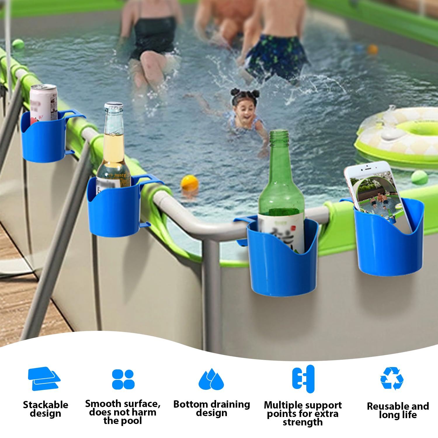 4 Pezzi Portabevande per Piscina, Portabevande Multifunzione da Piscina, Portabevande per Piscina, Portabicchieri a Bordo Piscina, Porta Bibite per Piscina per la maggior parte delle piscine (blu)