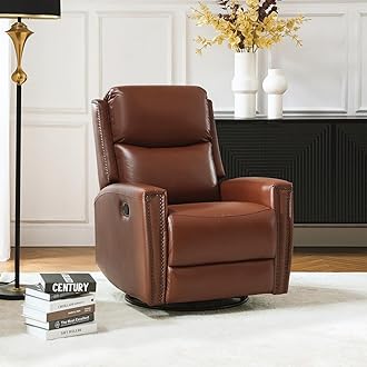 Genuine Leather Swivel Rocker Recliner, Manual Glider Recliner Chair with Adjustable Backrest & Footrest, Modern Home Theater Sofa Armchair for Living Room Bedroom, Brown