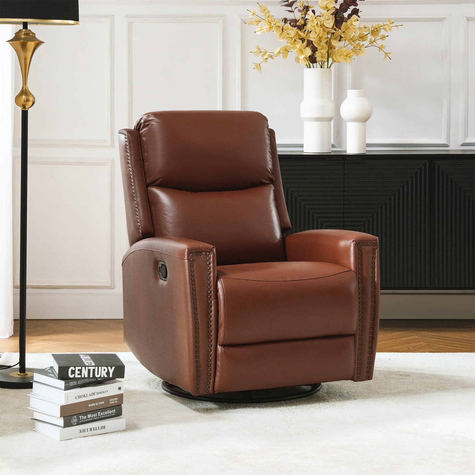 Genuine Leather Swivel Rocker Recliner, Manual Glider Recliner Chair with Adjustable Backrest & Footrest, Modern Home Theater Sofa Armchair for Living Room Bedroom, Brown