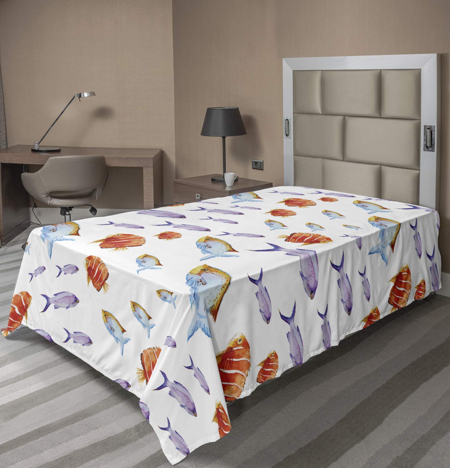 Ambesonne Fish Flat Sheet, Underwater Life Themed Art with Tropical Goldfish and Mackerel in Pastel Watercolors, Soft Comfortable Top Sheet Decorative Bedding 1 Piece, TwinXL Size, Multicolor