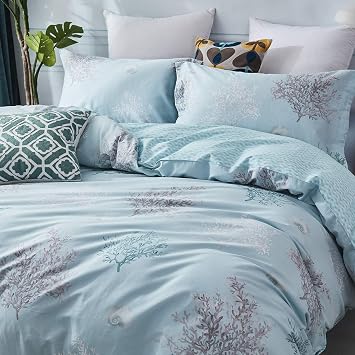 Brandream Coastal Beach Bedding Set Queen Size 100% Cotton Duvet Cover Set Tropical Coral Seashells Bedroom Set 3-Piece No Comforter