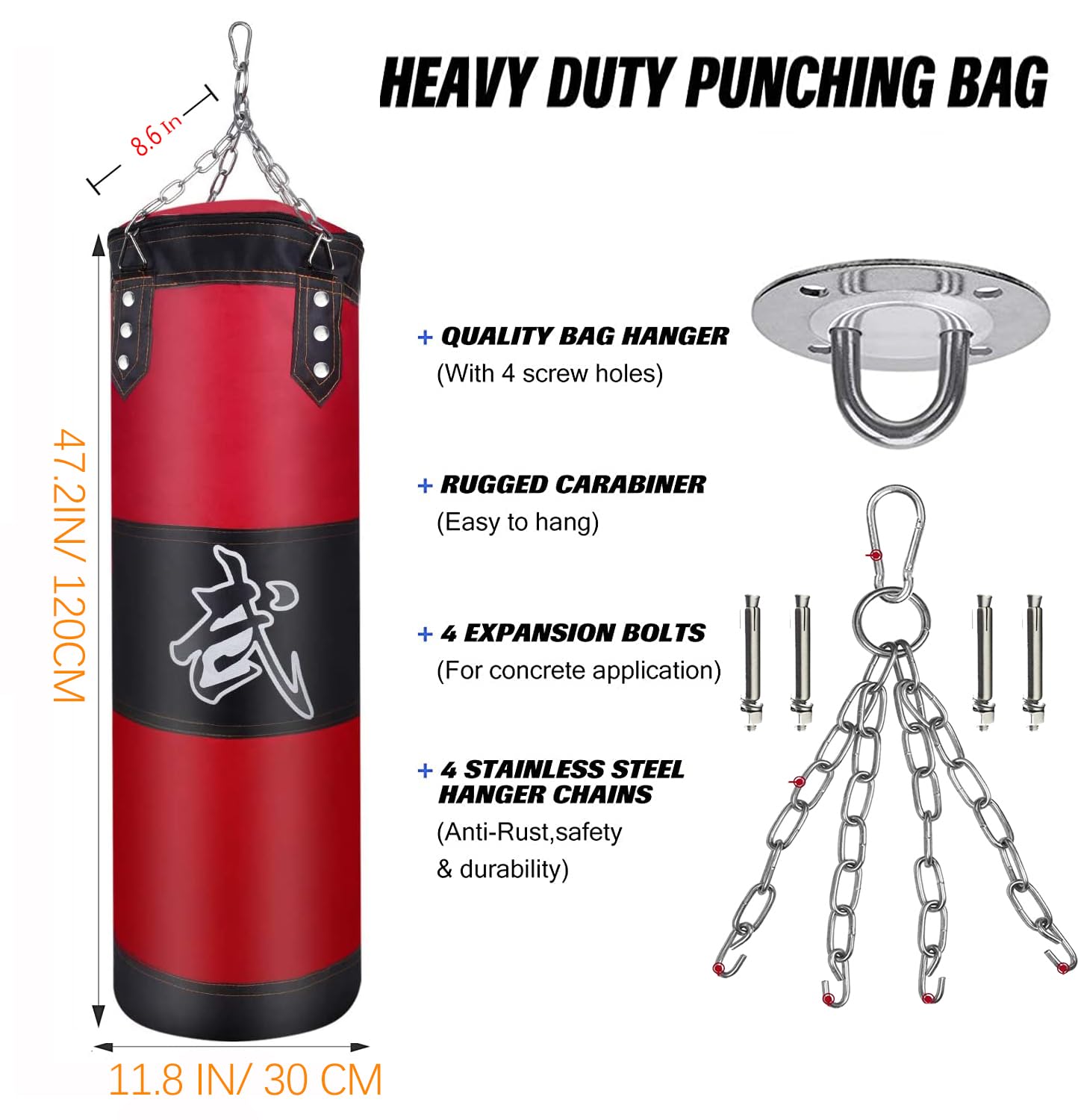 Saco de Boxeo Resistente sin Relleno, Bolsa de Punching Colgante con Vendas, Gancho y Cadena para Adultos y Niños
