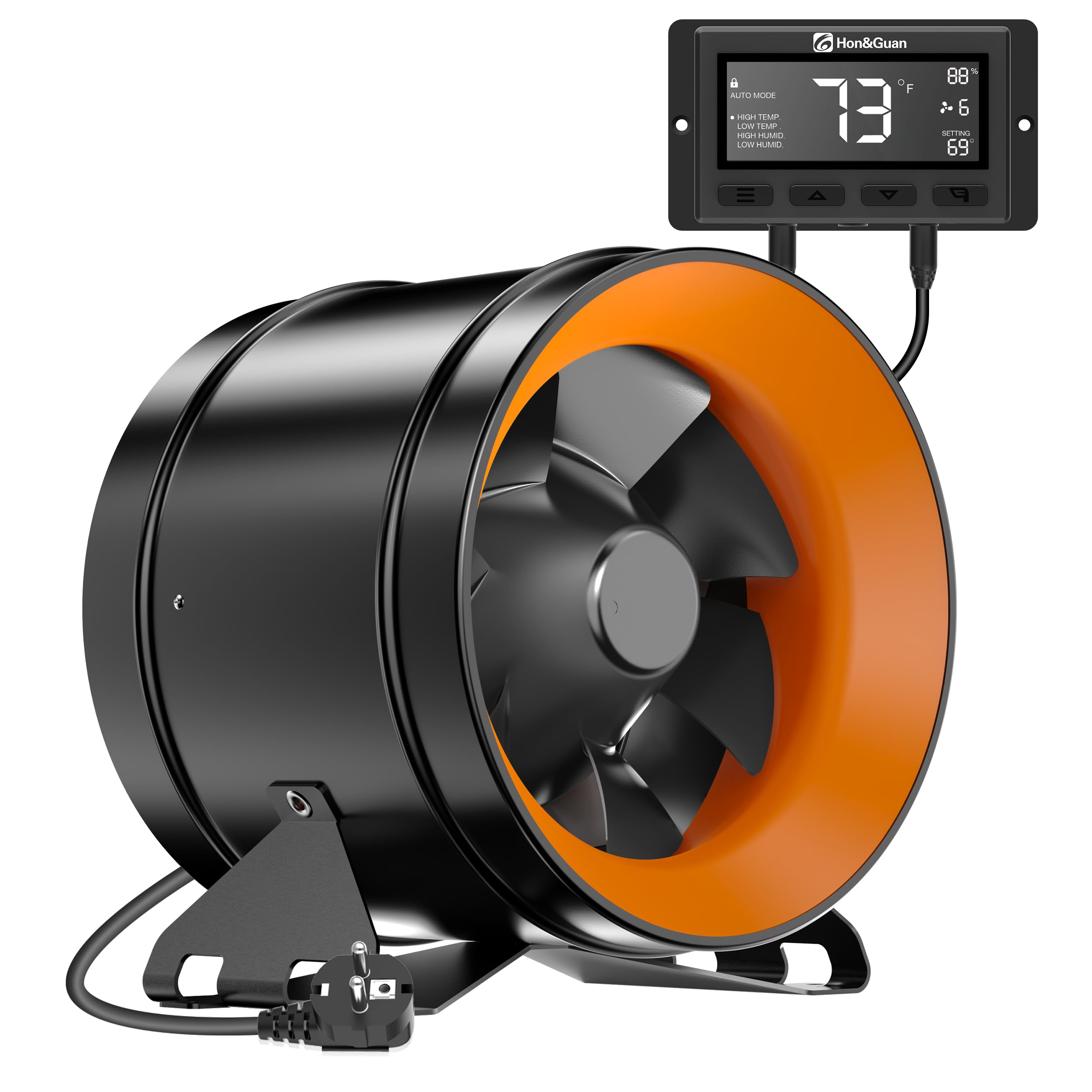 Hon&Guan 200mm EC Rohrventilator mit Temperatur- und Feuchtigkeitsregler, 1411m³/h Rohrlüfter mit EU-Stecker für Growzelt Gewächshaus Aktivkohlefilter HVAC
