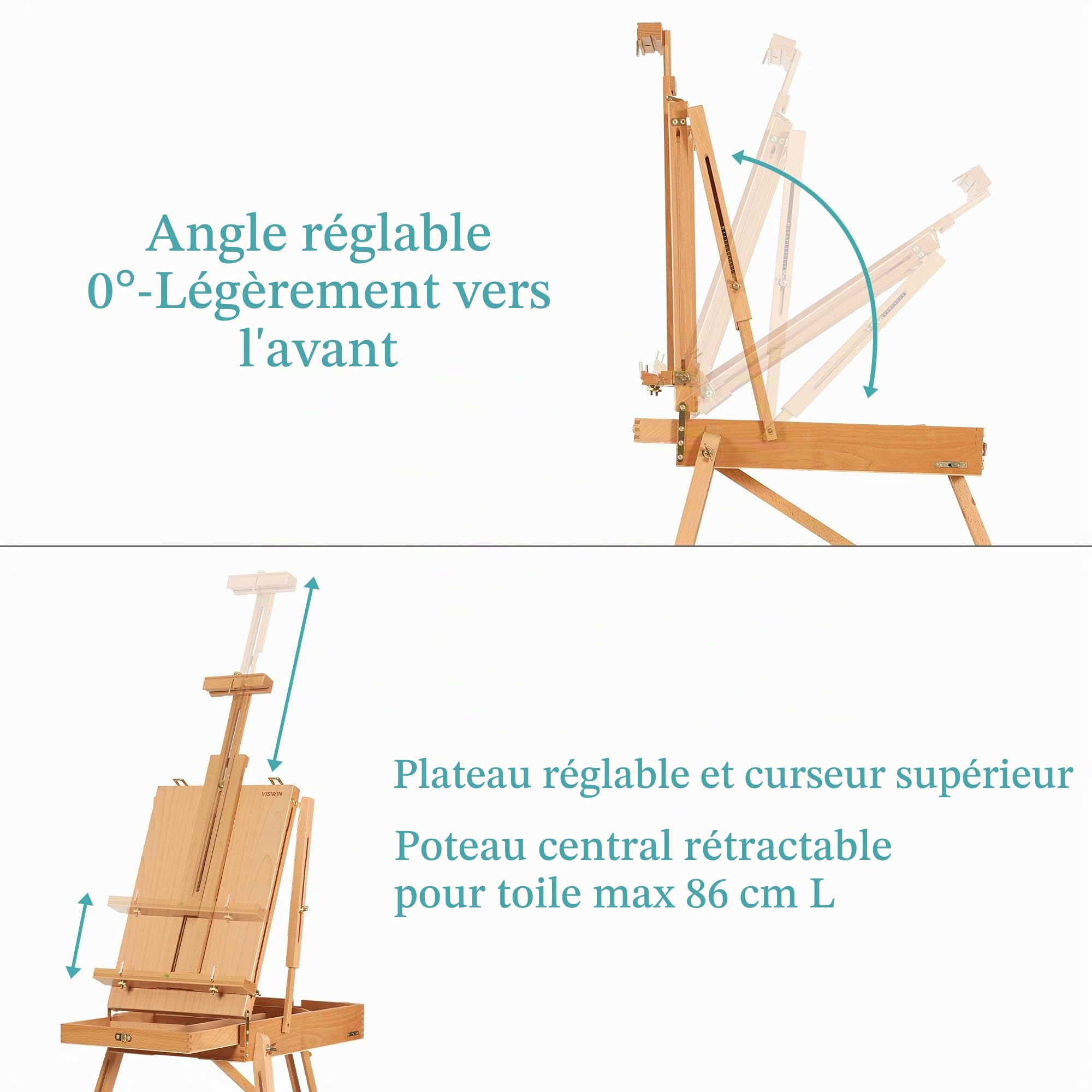 VISWIN chevalet français contenir des toiles jusqu'à 34", support de chevalet en bois de hêtre avec instrument de niveau et pied d'échelle